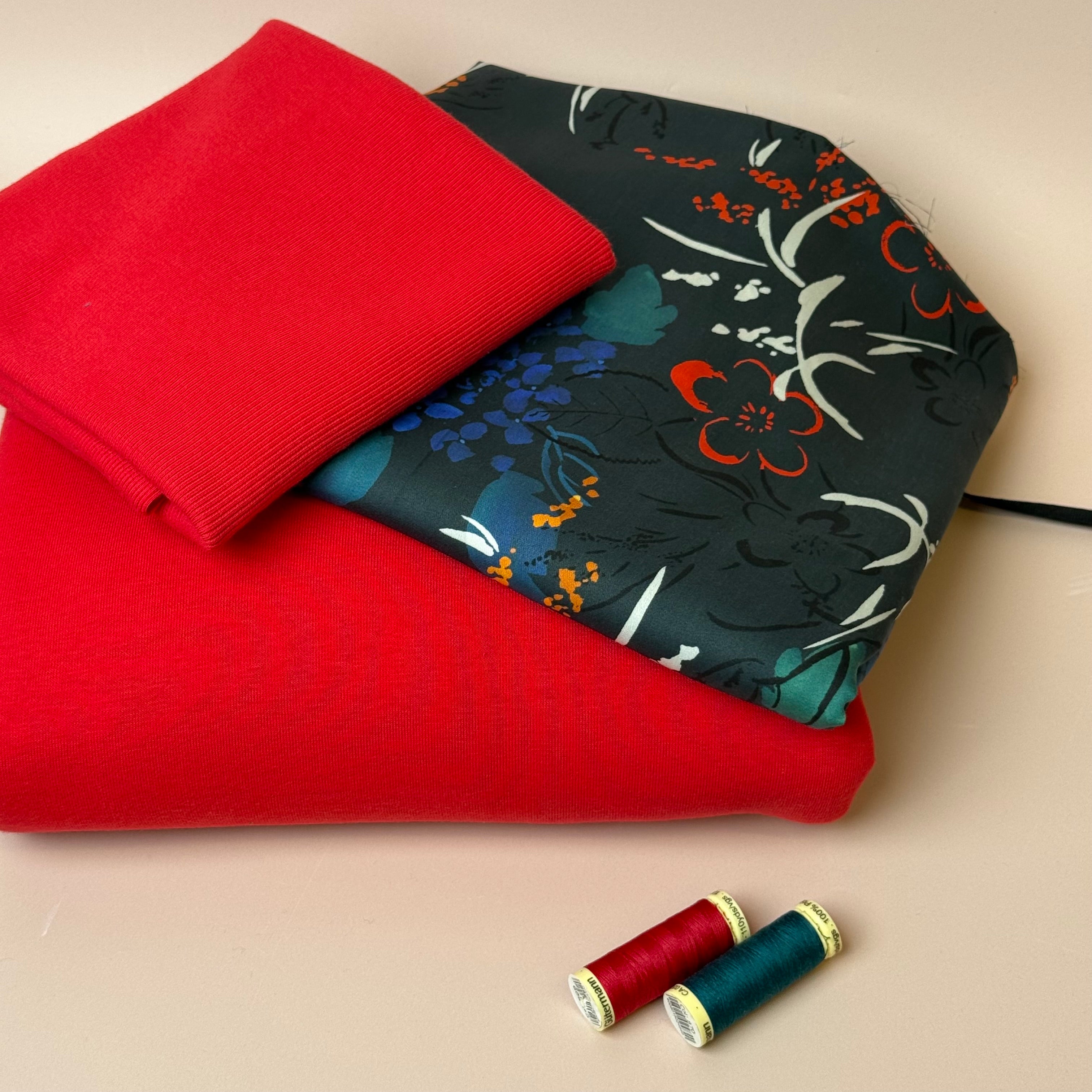 Make an Outfit Colour Bundle - Midnight Blooms Tencel Sateen & Sweatshirting in Red with Ribbing