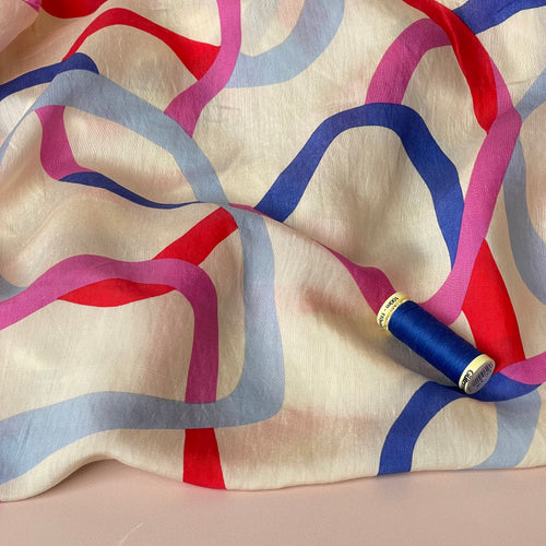Blue and Pink Ribbons Viscose Blend Fabric
