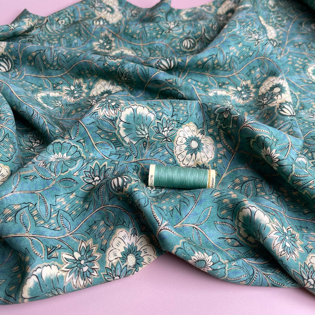 REMNANT 0.65 Metre - Ornate Flowers Green Viscose Fabric