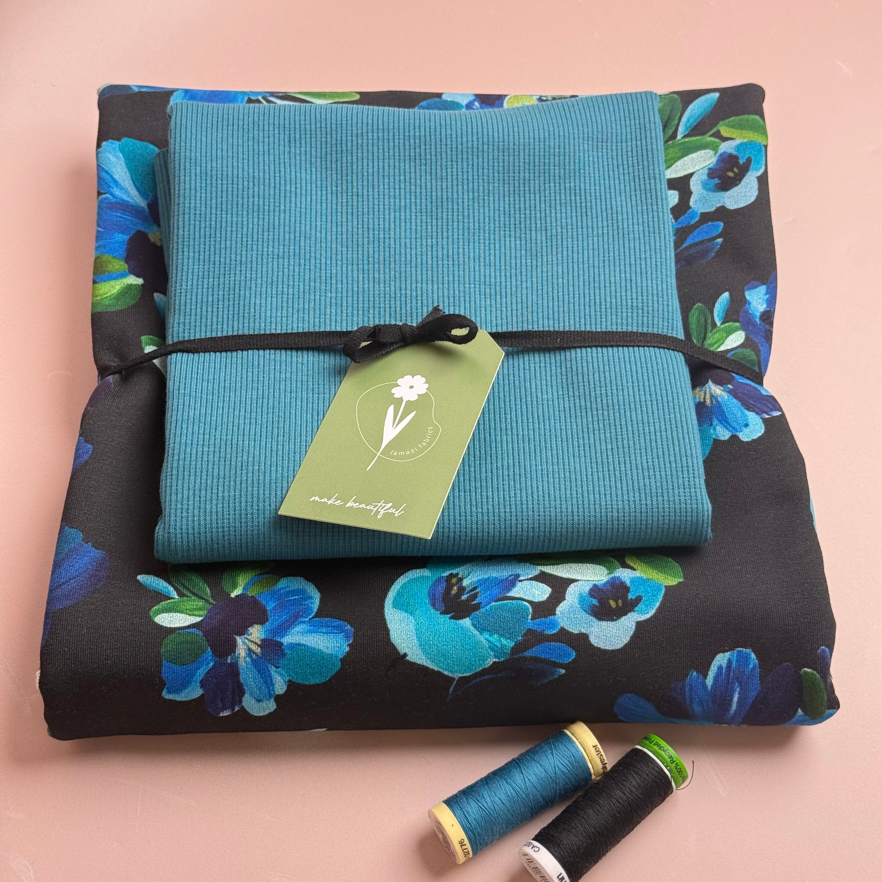 Colour Bundles - Painted Petals Black Cotton French Terry & Matching Ribbing