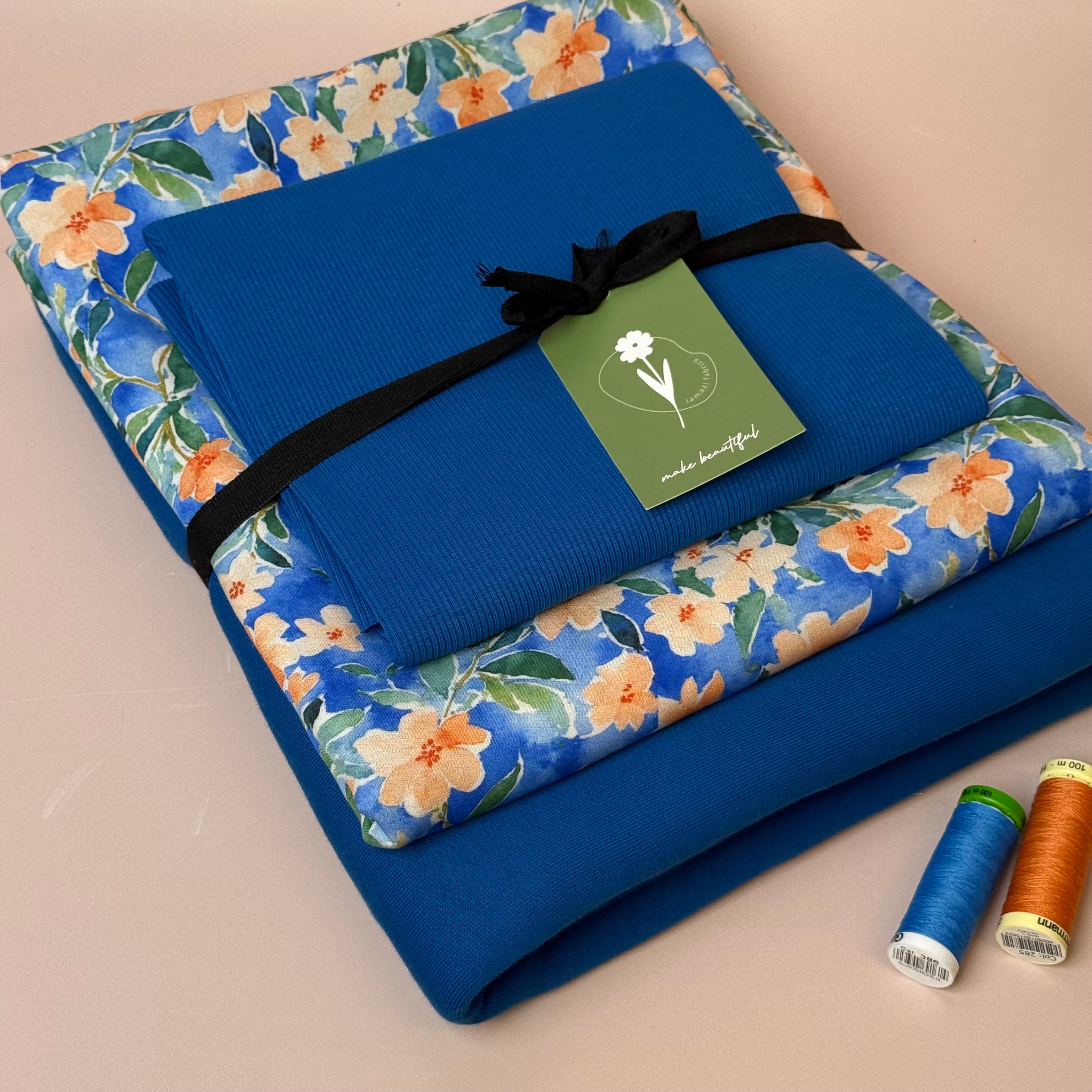 Make an Outfit Colour Bundle - Peach Flowers Viscose & Brushed Sweatshirt in Intense Blue with Ribbing