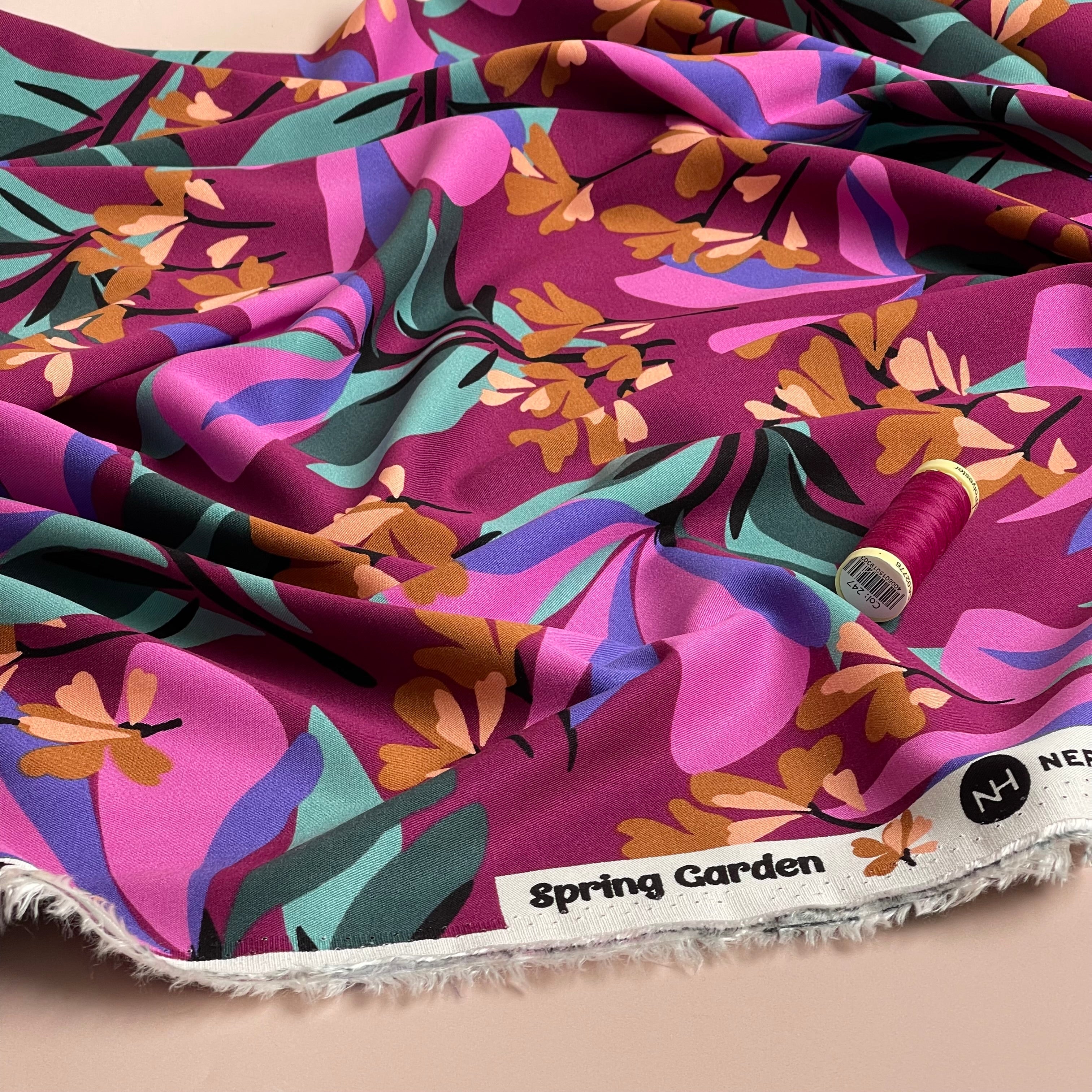 REMNANT 1.66 Metres - Nerida Hansen - Rosella Spring Garden on Plum Stretch Viscose Twill Fabric