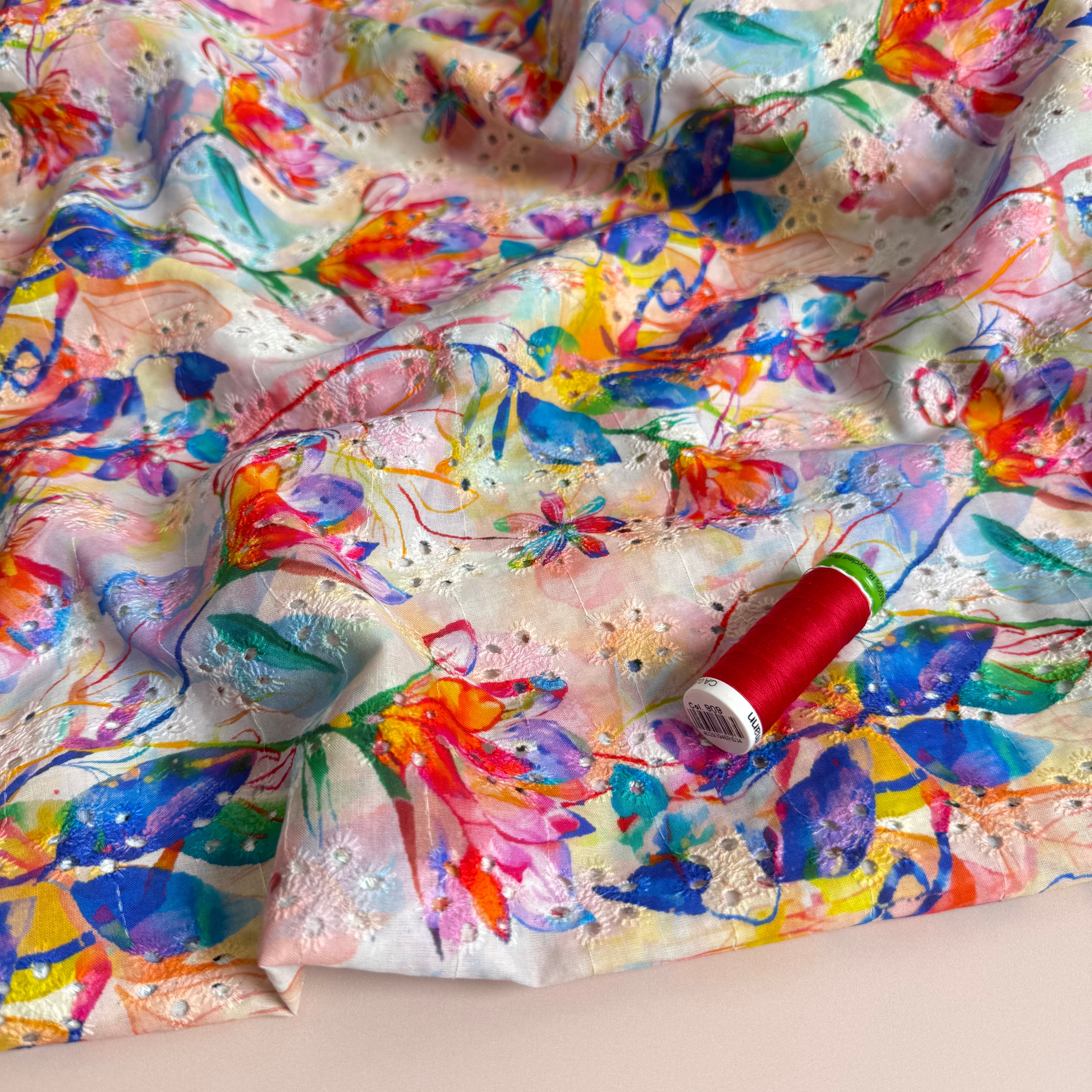 Rainbow Flowers on Embroidered Cotton Voile Fabric