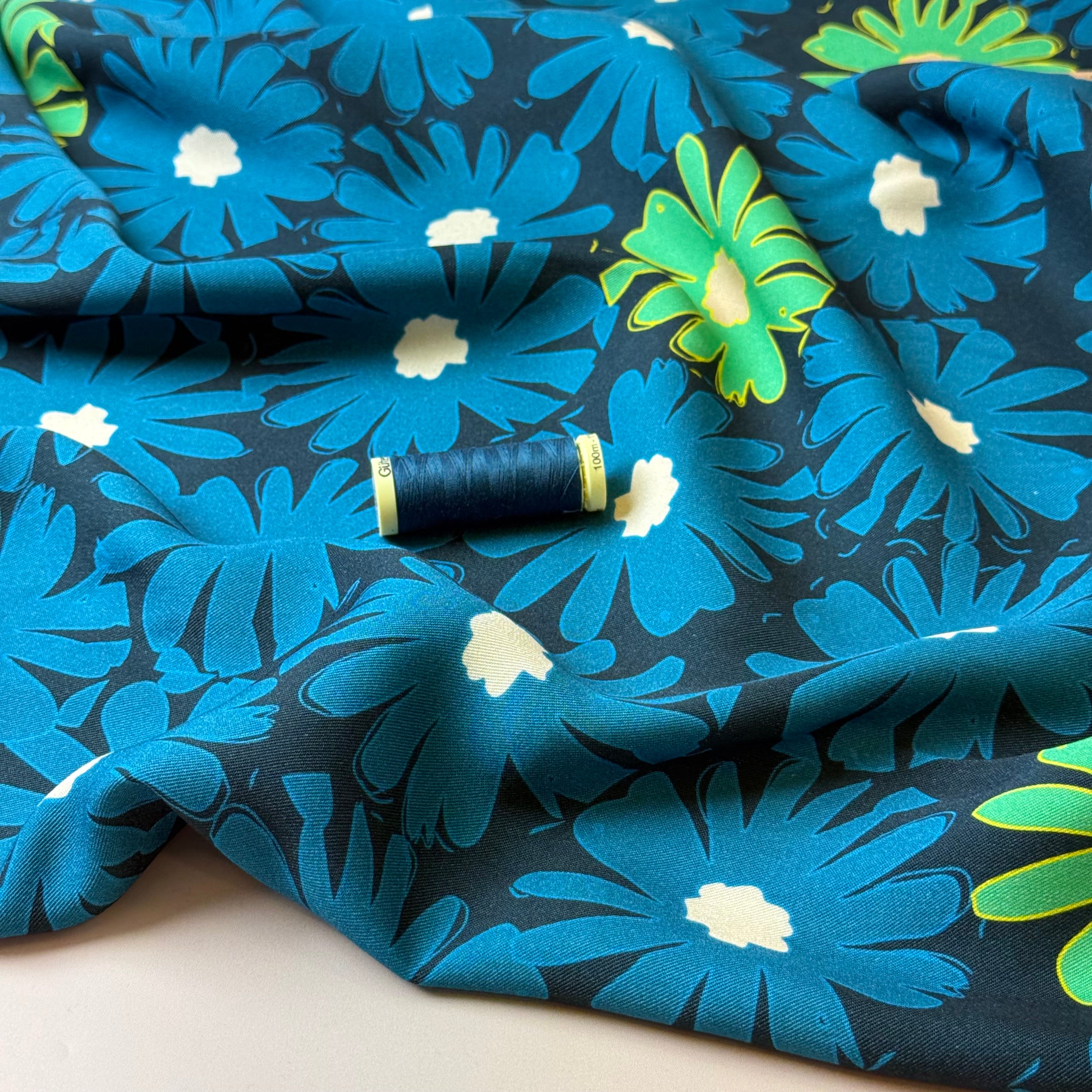 REMNANT 1.6 Metres - Light & Lush - Petrol Blue Daisies Viscose Twill Fabric