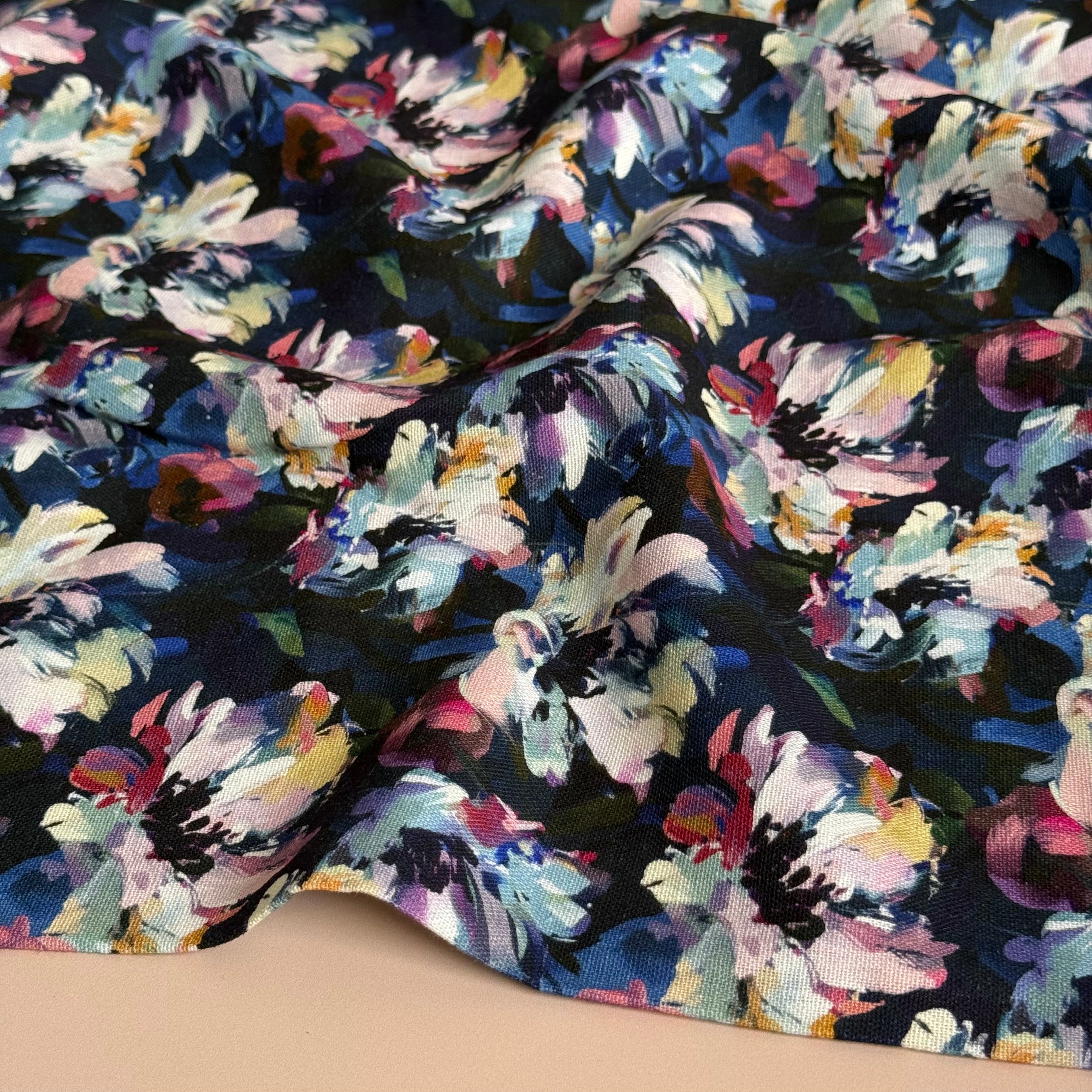 Painted Midnight Flowers Viscose Linen Fabric