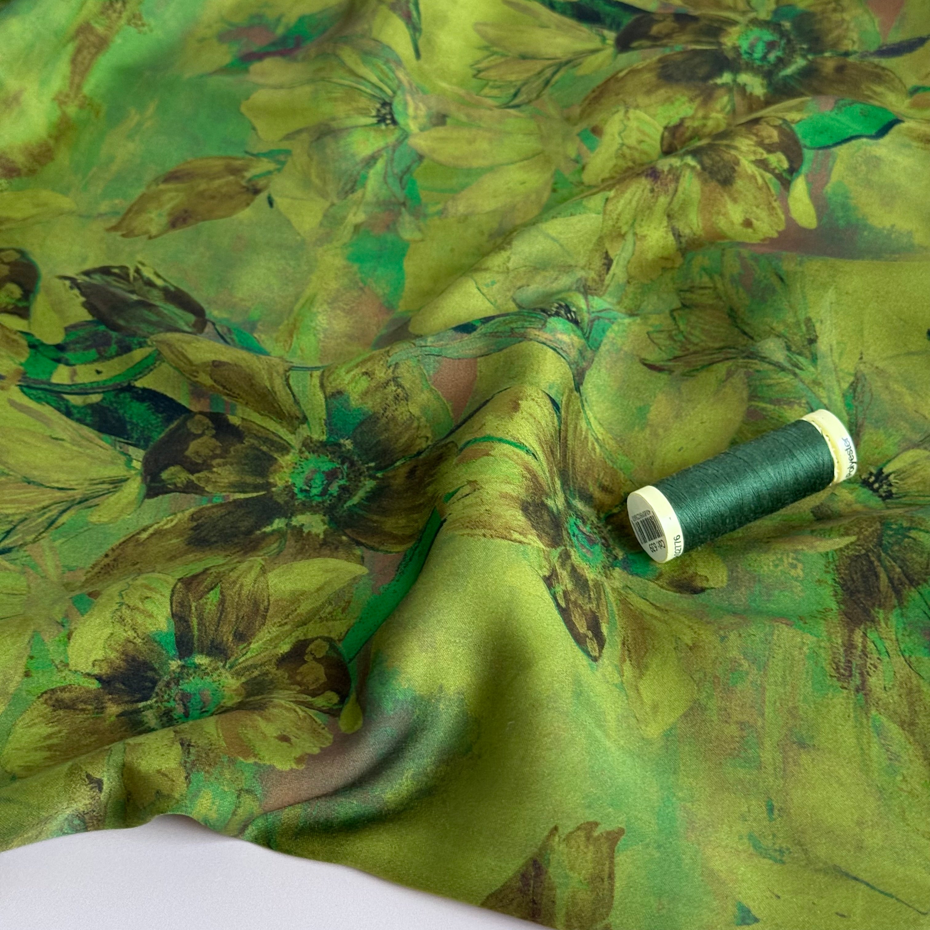 Shadow Flowers Moss Green Viscose Sateen Fabric