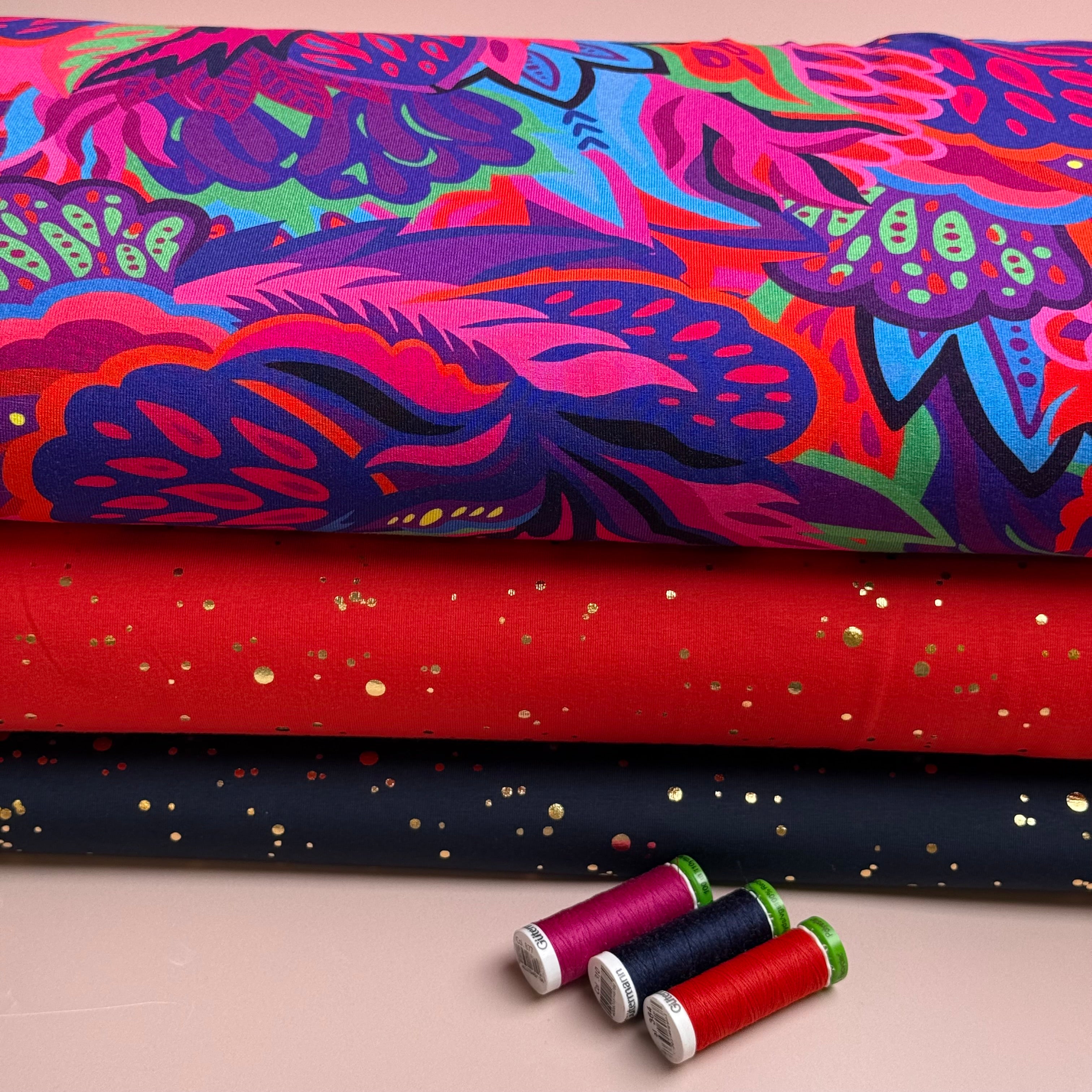 Gold Confetti on Navy Cotton Jersey Fabric