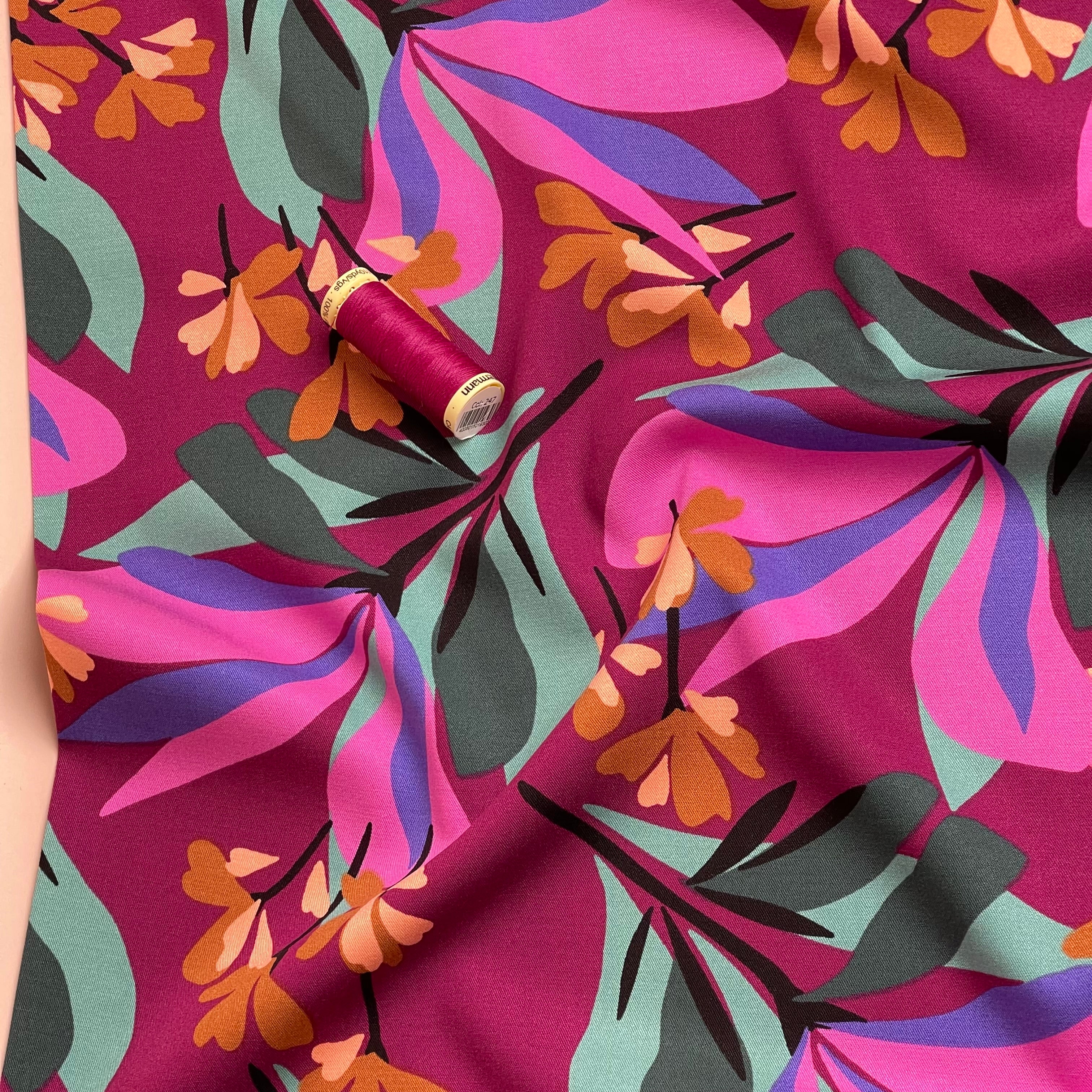 REMNANT 1.66 Metres - Nerida Hansen - Rosella Spring Garden on Plum Stretch Viscose Twill Fabric