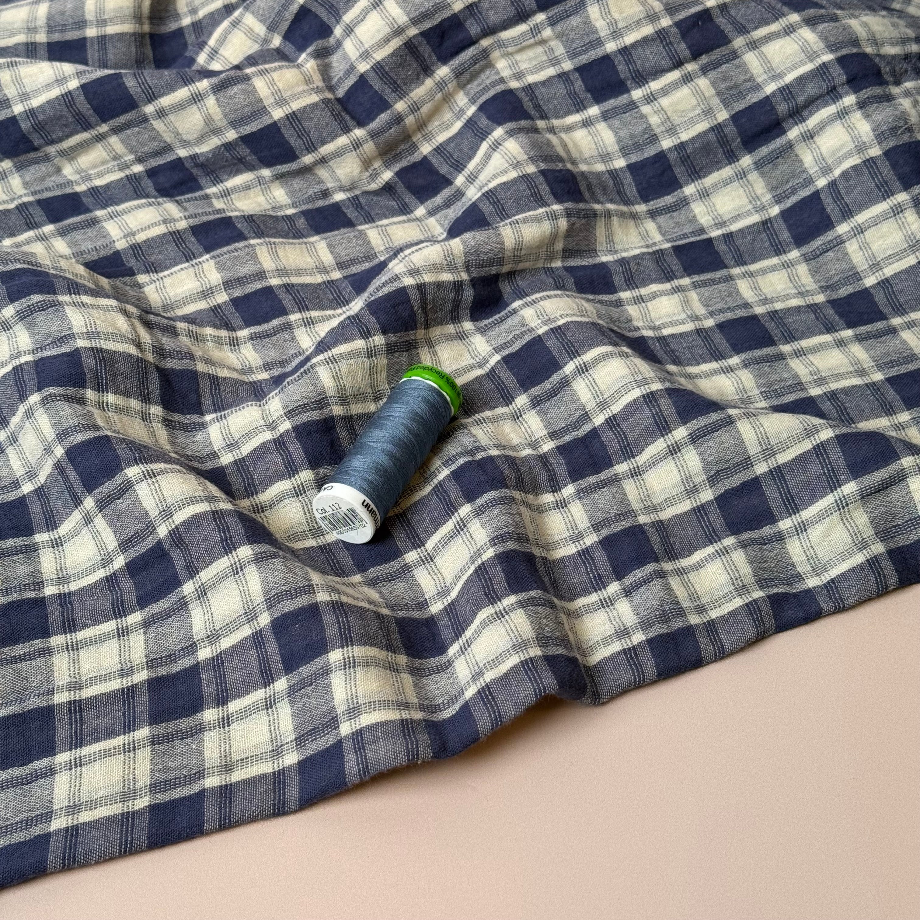 Reversible Blue Checks and Stripes Cotton Double Gauze