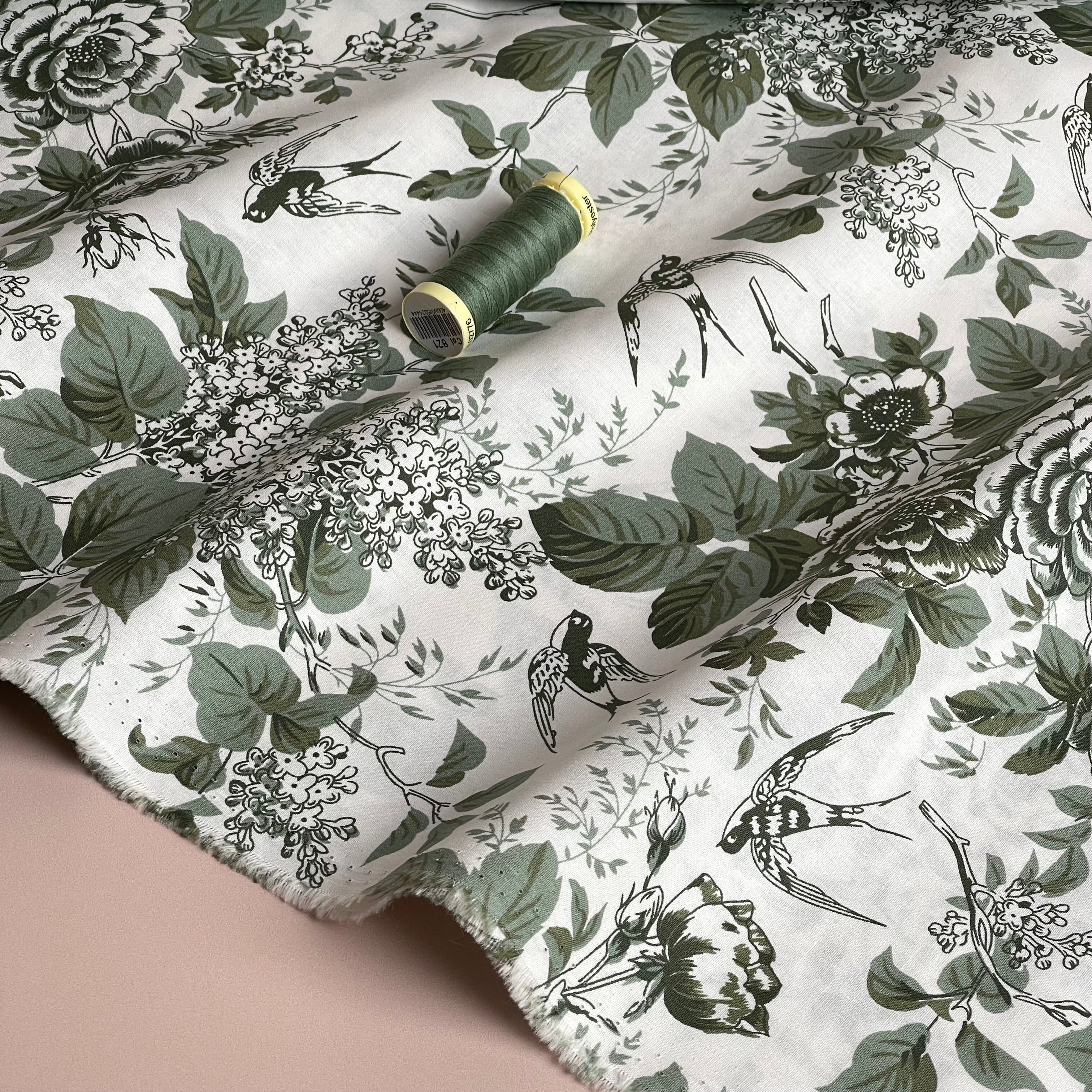 Toile De Jouy Birds in Dusty Mint Cotton Poplin