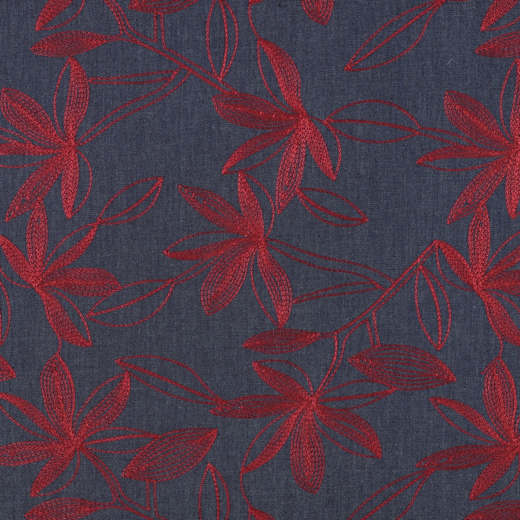 Denim with Burgundy Embroidered Flowers Cotton Fabric