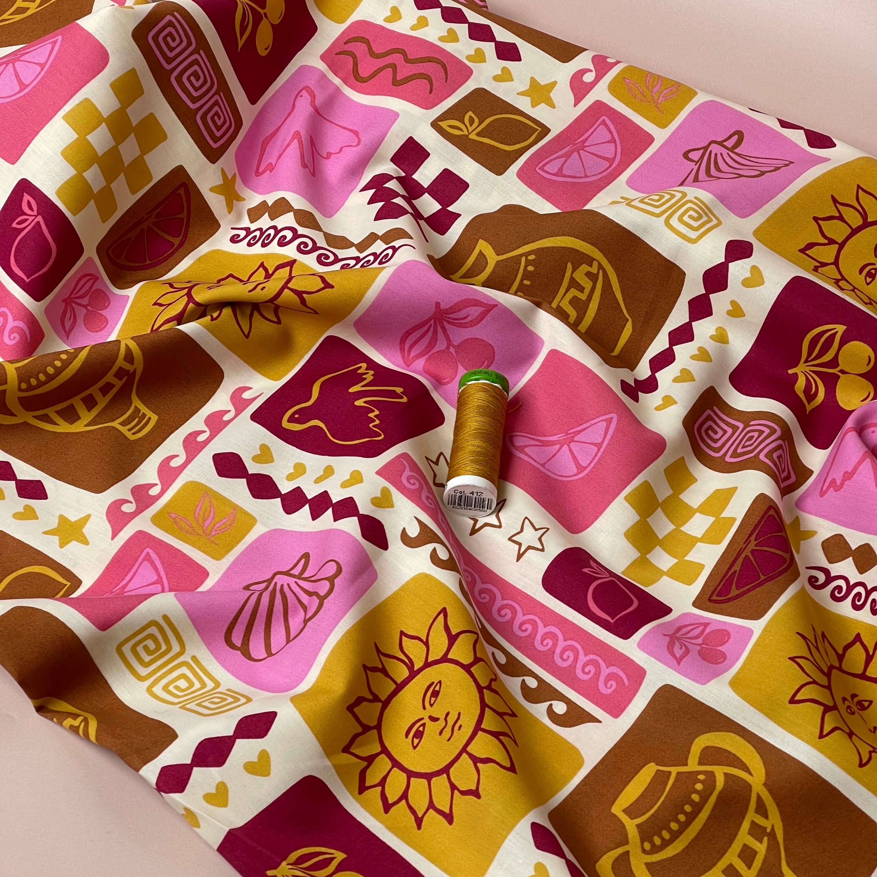 Funky Patchwork Postcard Ochre Fine Cotton Poplin Fabric