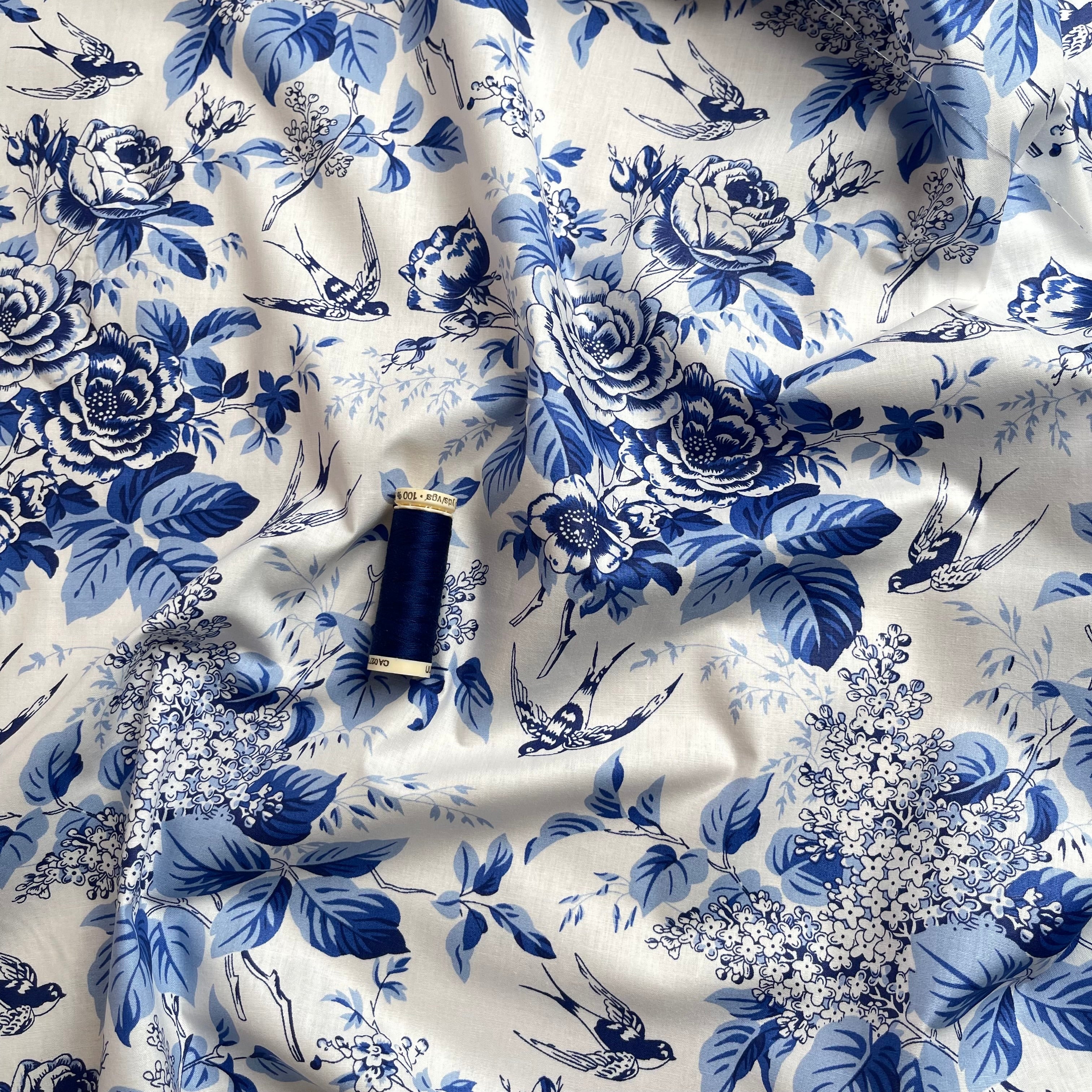 Toile De Jouy Birds in Dusty Blue Cotton Poplin