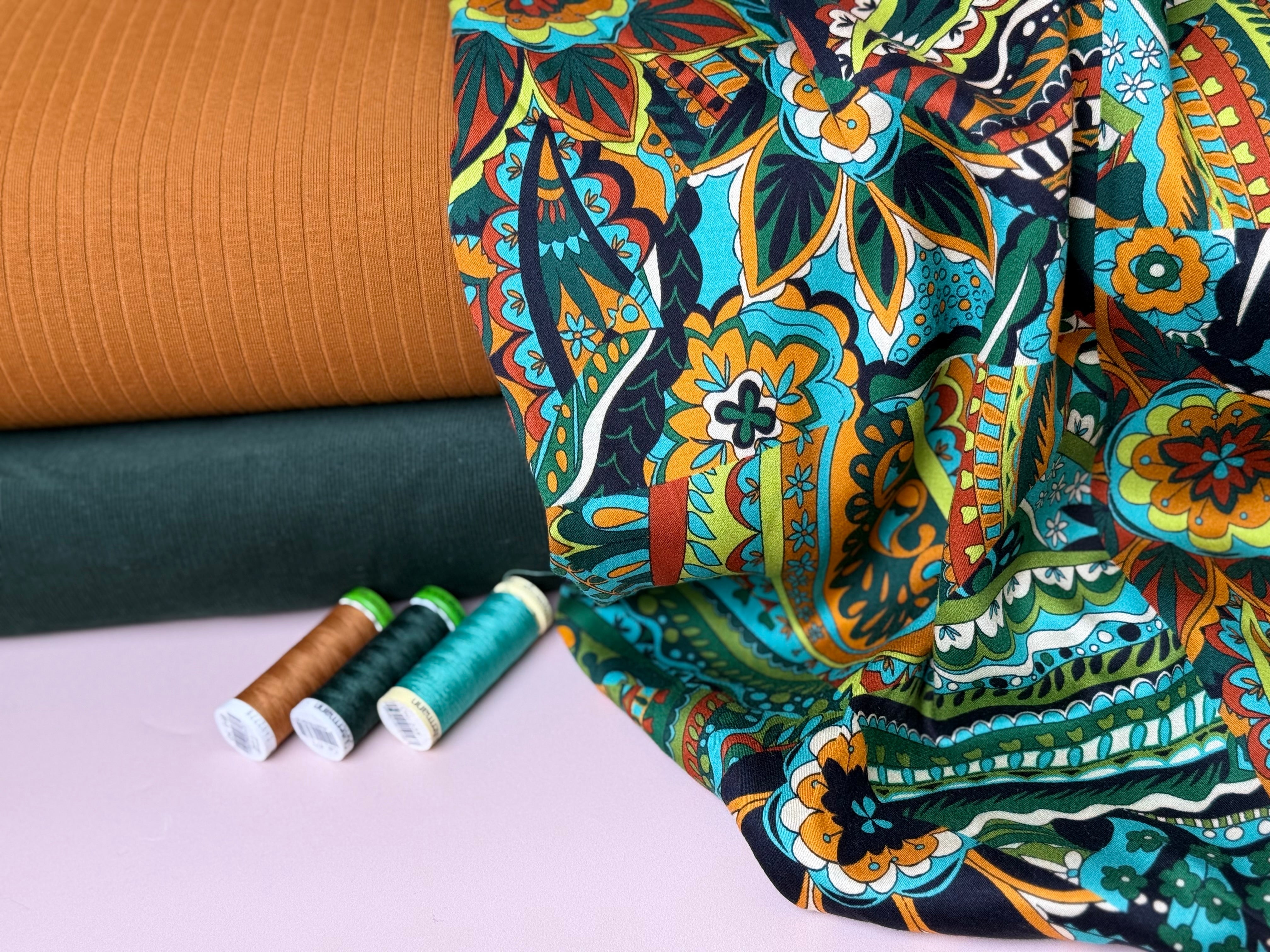 Magical Garden Forest Green Viscose Sateen Fabric