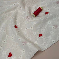 Embroidered Hearts on White Cotton Voile Fabric