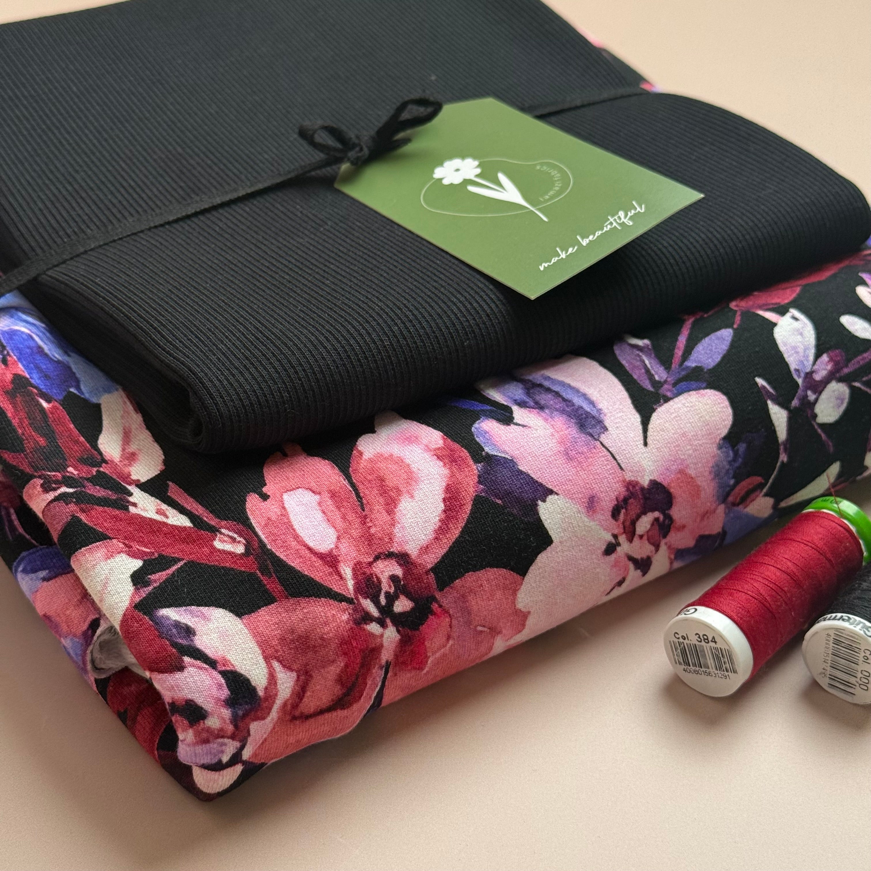 Colour Bundles - Purple Flowers Black Cotton French Terry & Matching Ribbing