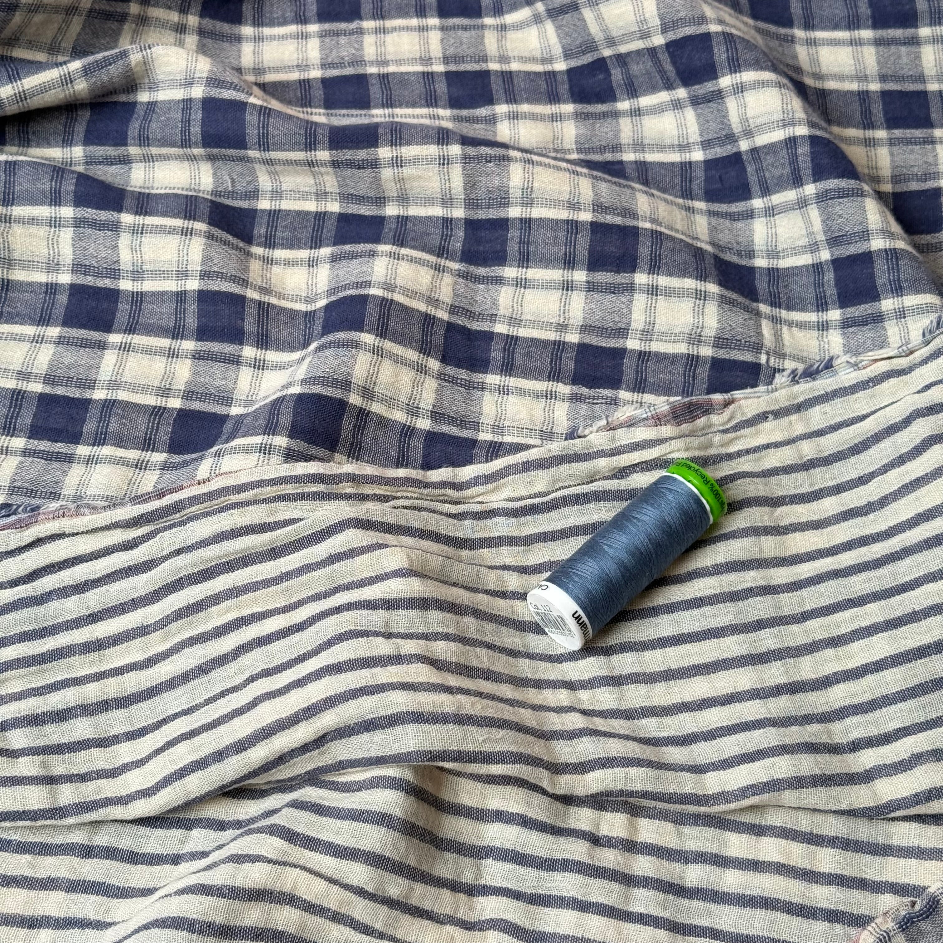 Reversible Blue Checks and Stripes Cotton Double Gauze