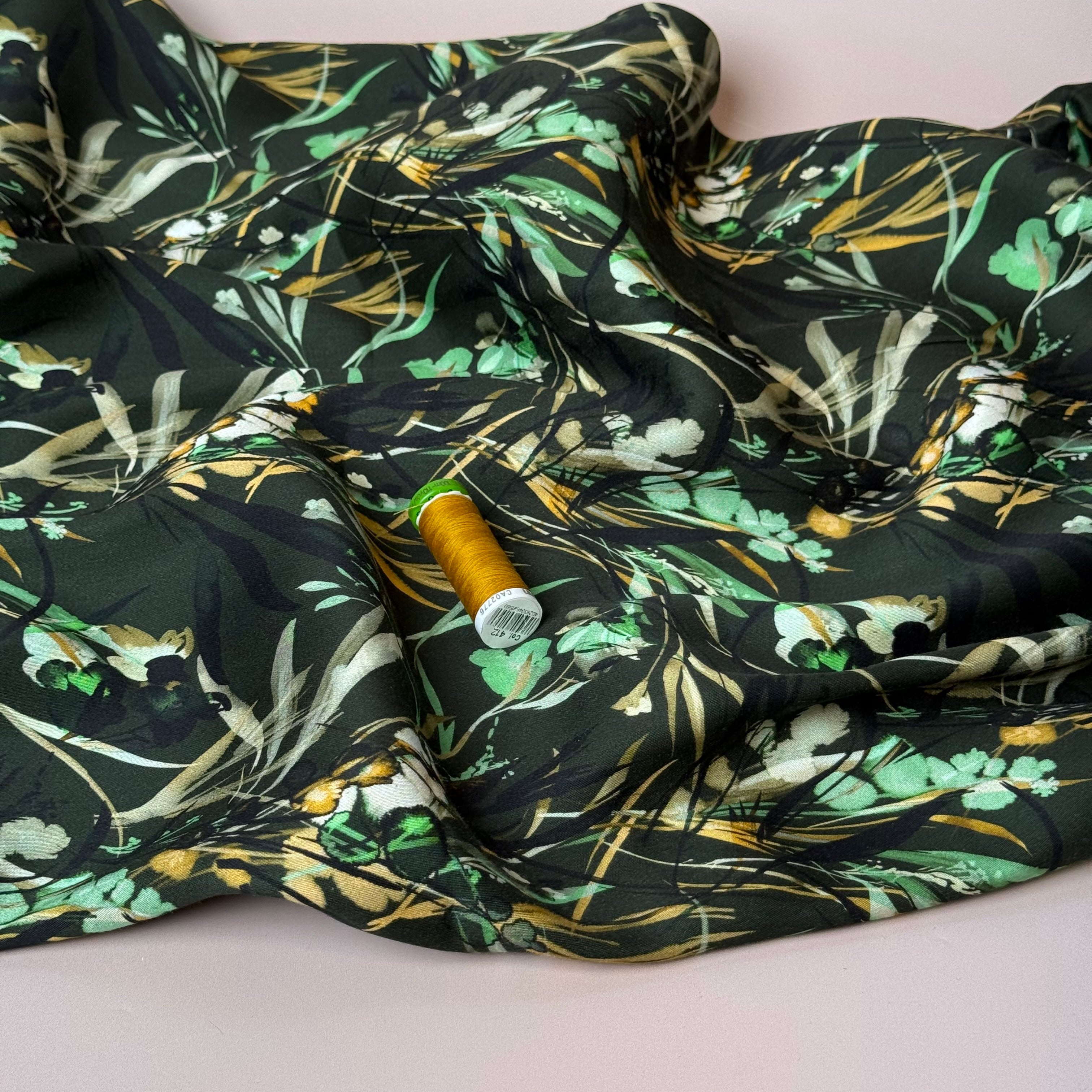 REMNANT 1.88 Metres - Autumn Foliage Dark Green Viscose Sateen Fabric