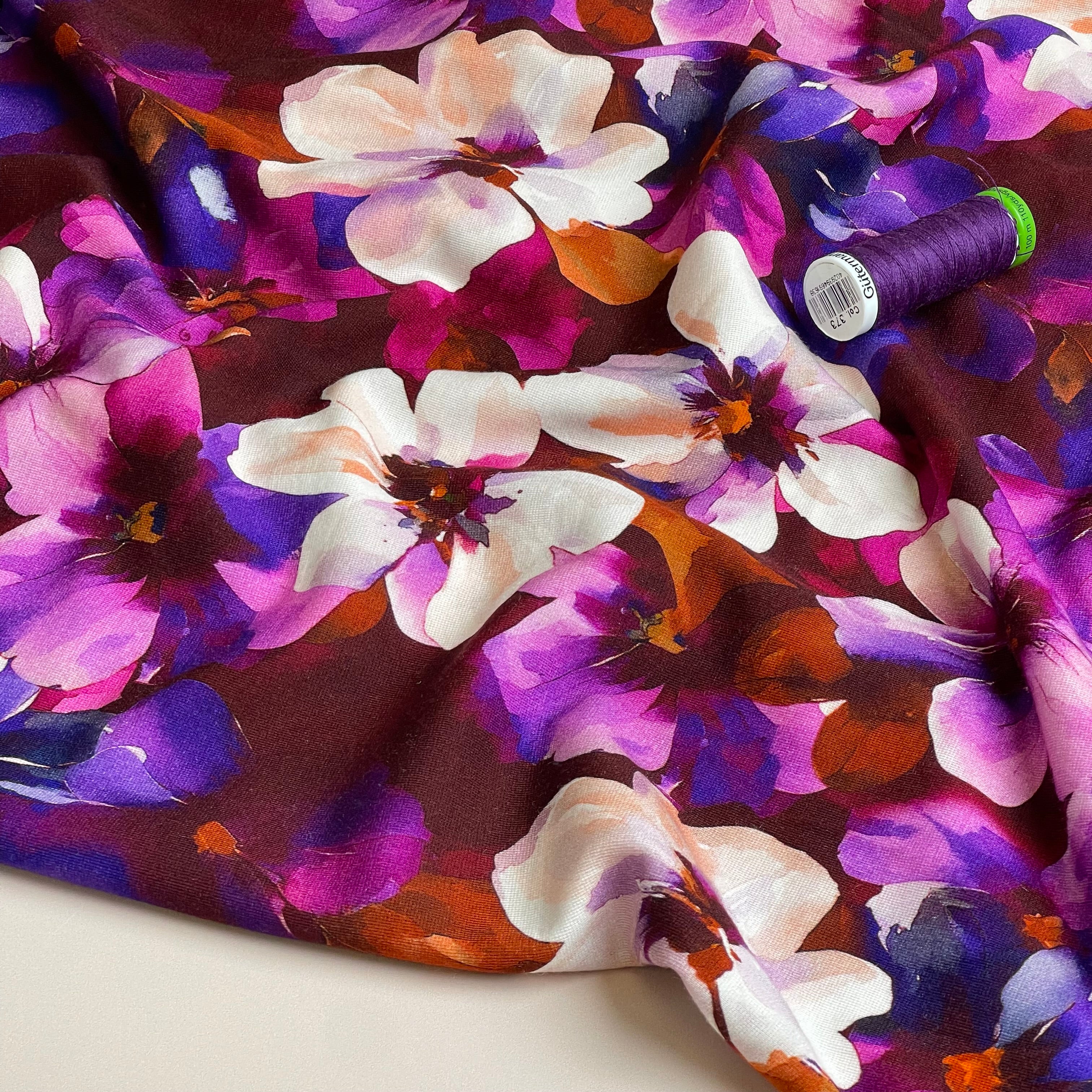 Purple Flowers on Burgundy Light Viscose Ponte Roma Fabric