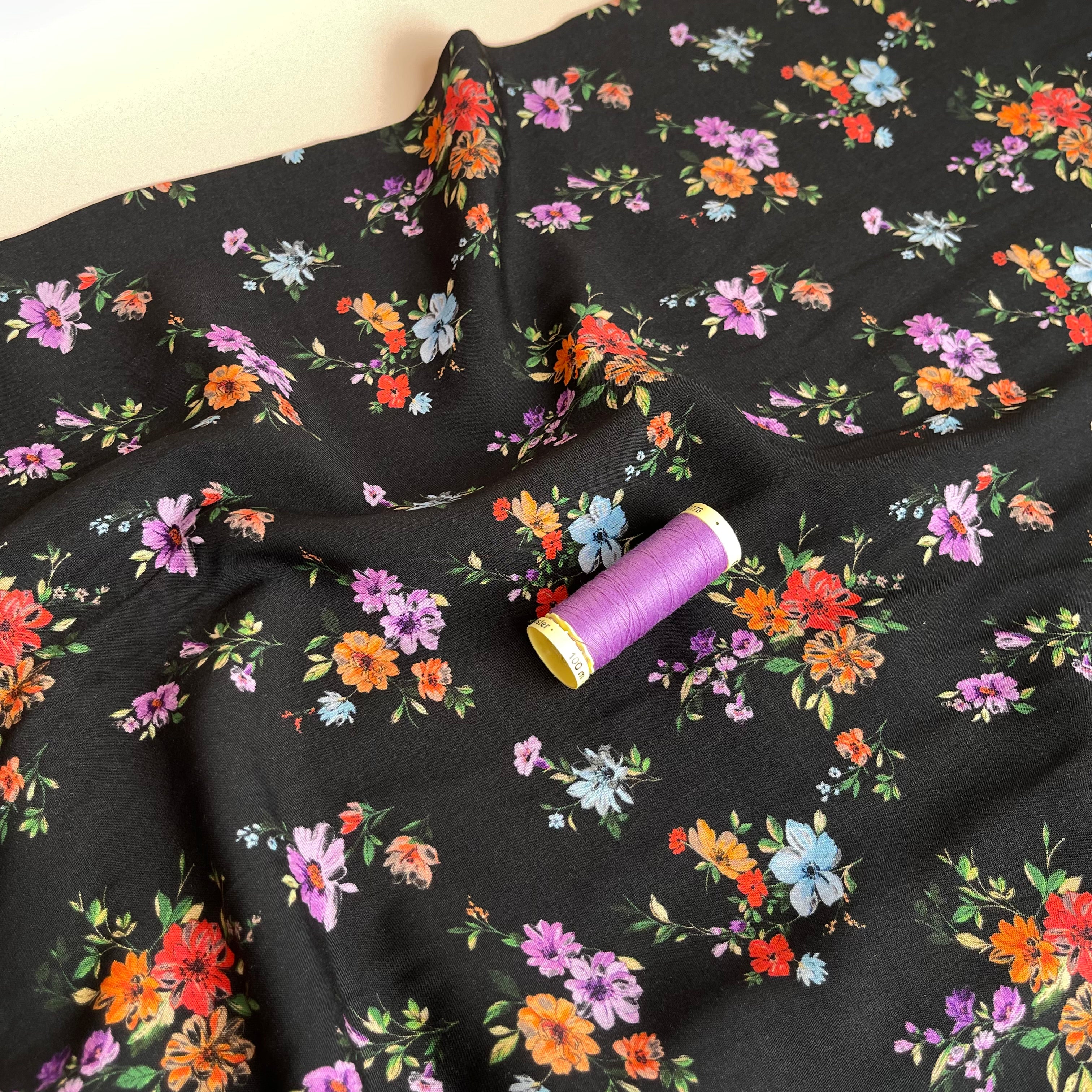Flower Bouquets on Black Viscose Fabric