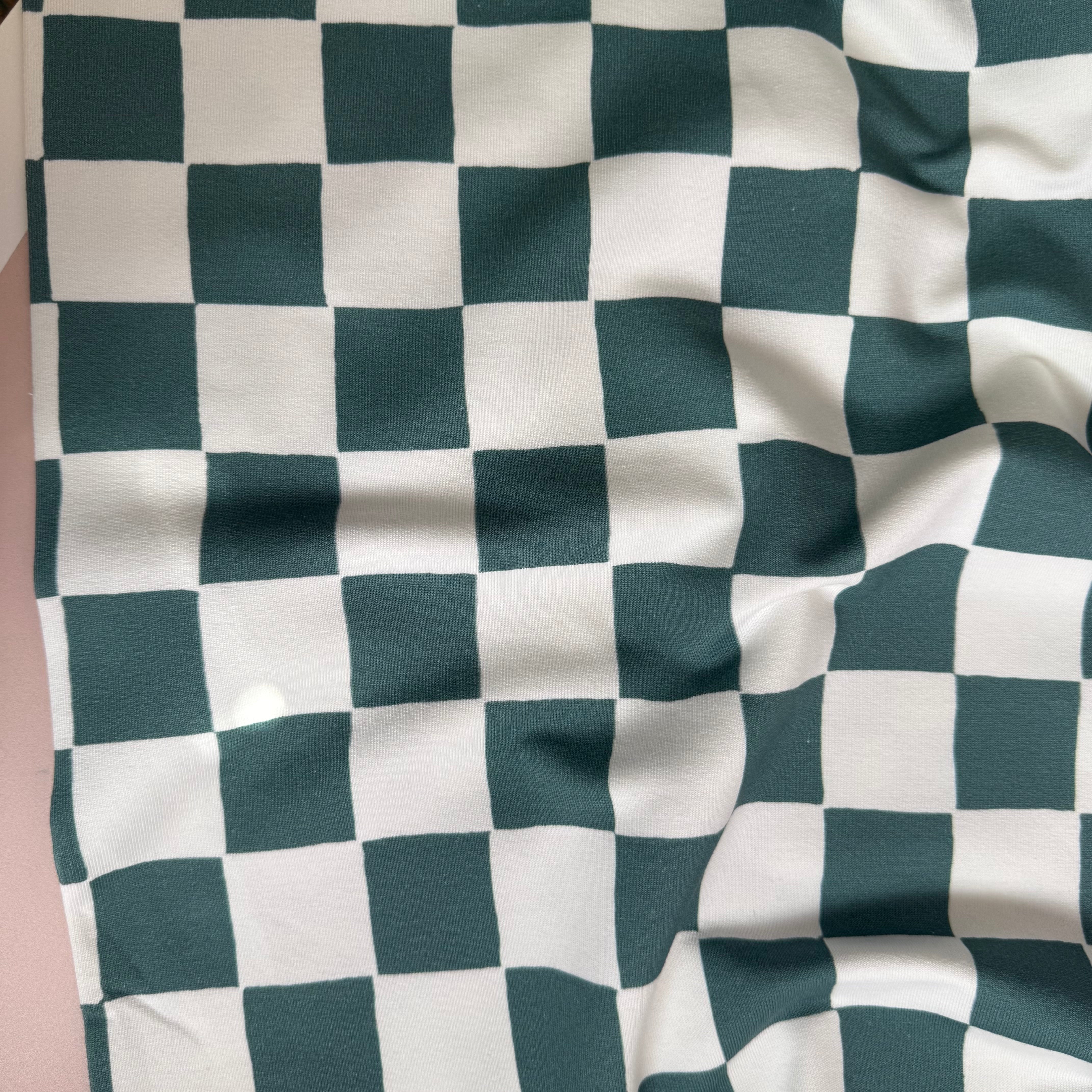 Checkers Dark Green GOTS Organic Cotton French Terry