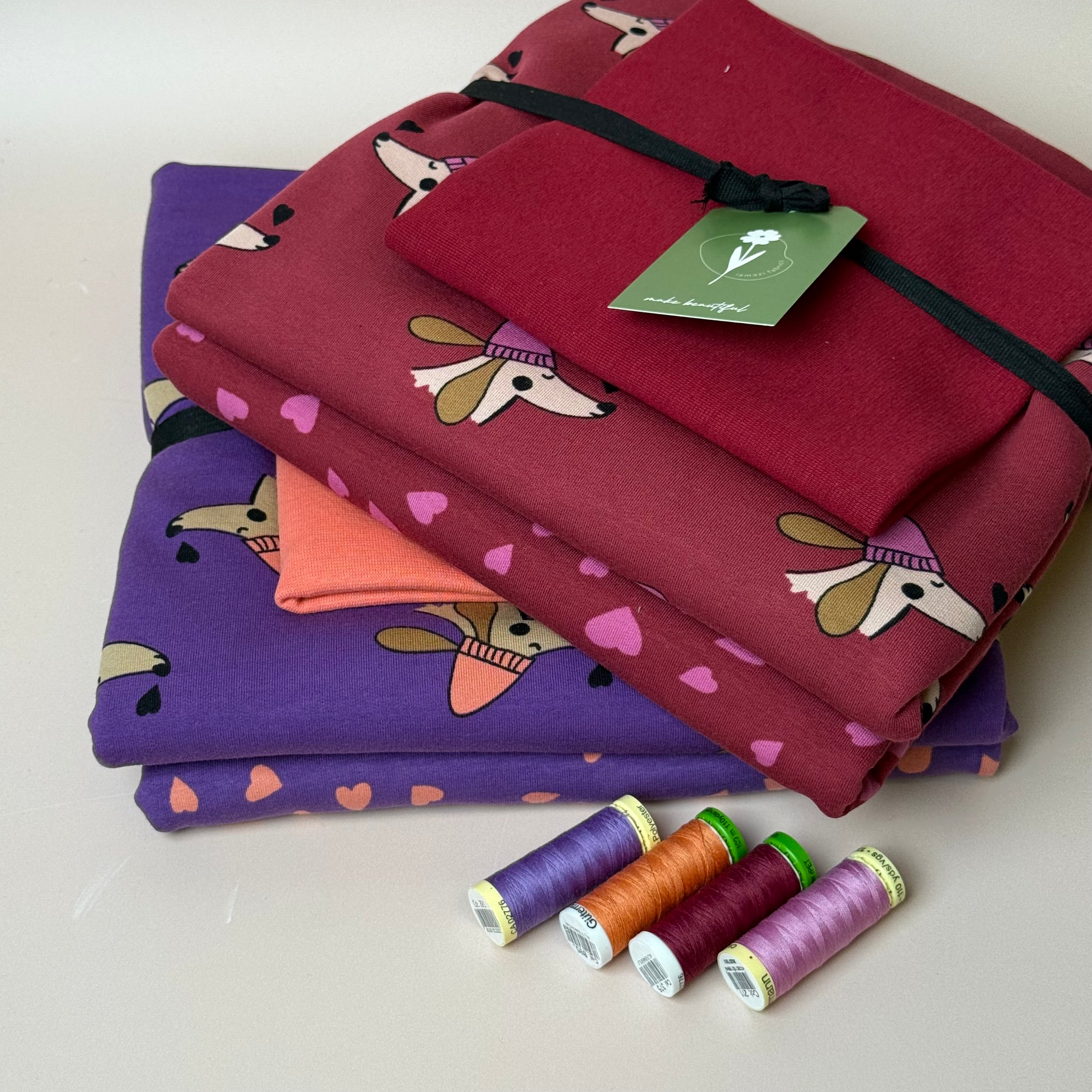 Make an Outfit Colour Bundle - Dogs and Heart Purple Cotton Sweat-shirting with Ribbing
