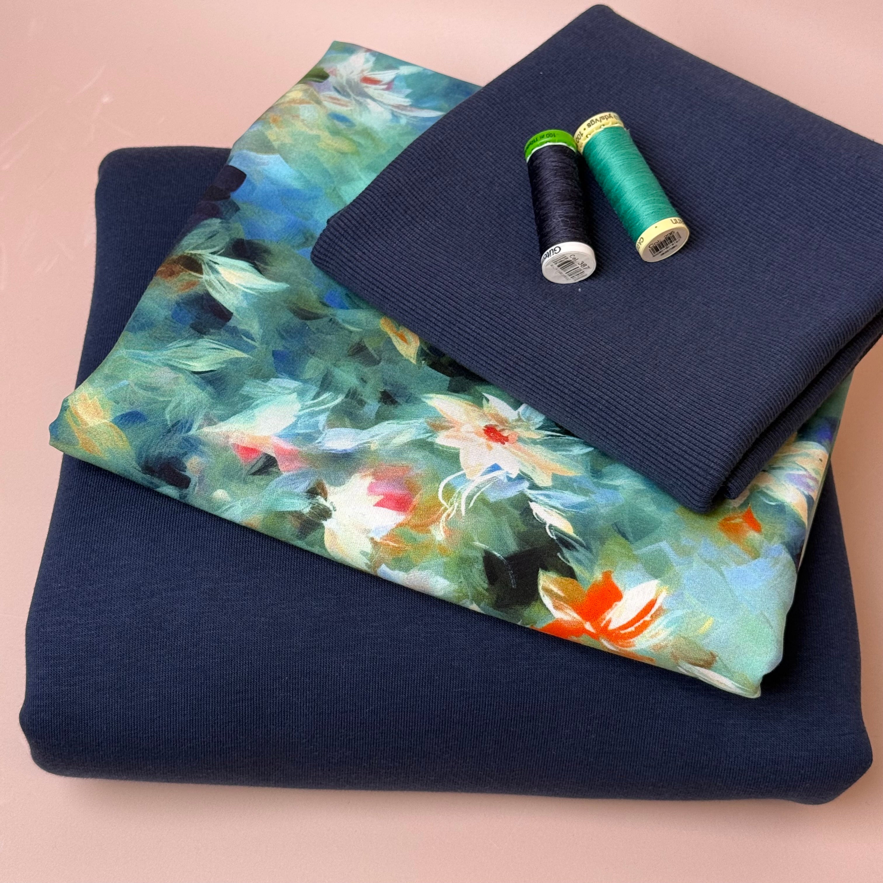 Make an Outfit Colour Bundle - Watercolour Florals Viscose & Sweatshirting in Navy with Ribbing