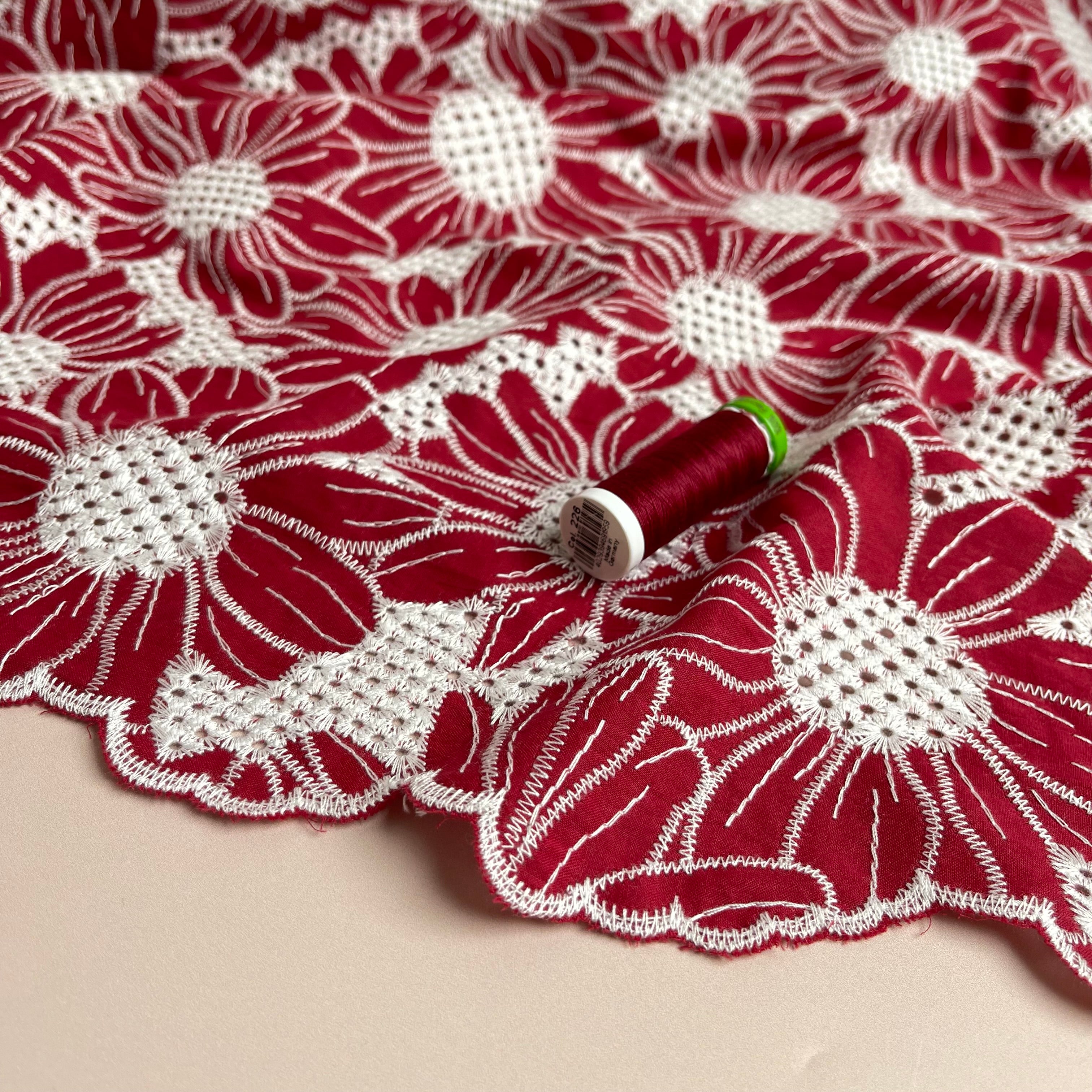 Scalloped Flowers Embroidered Cotton Fabric in Red