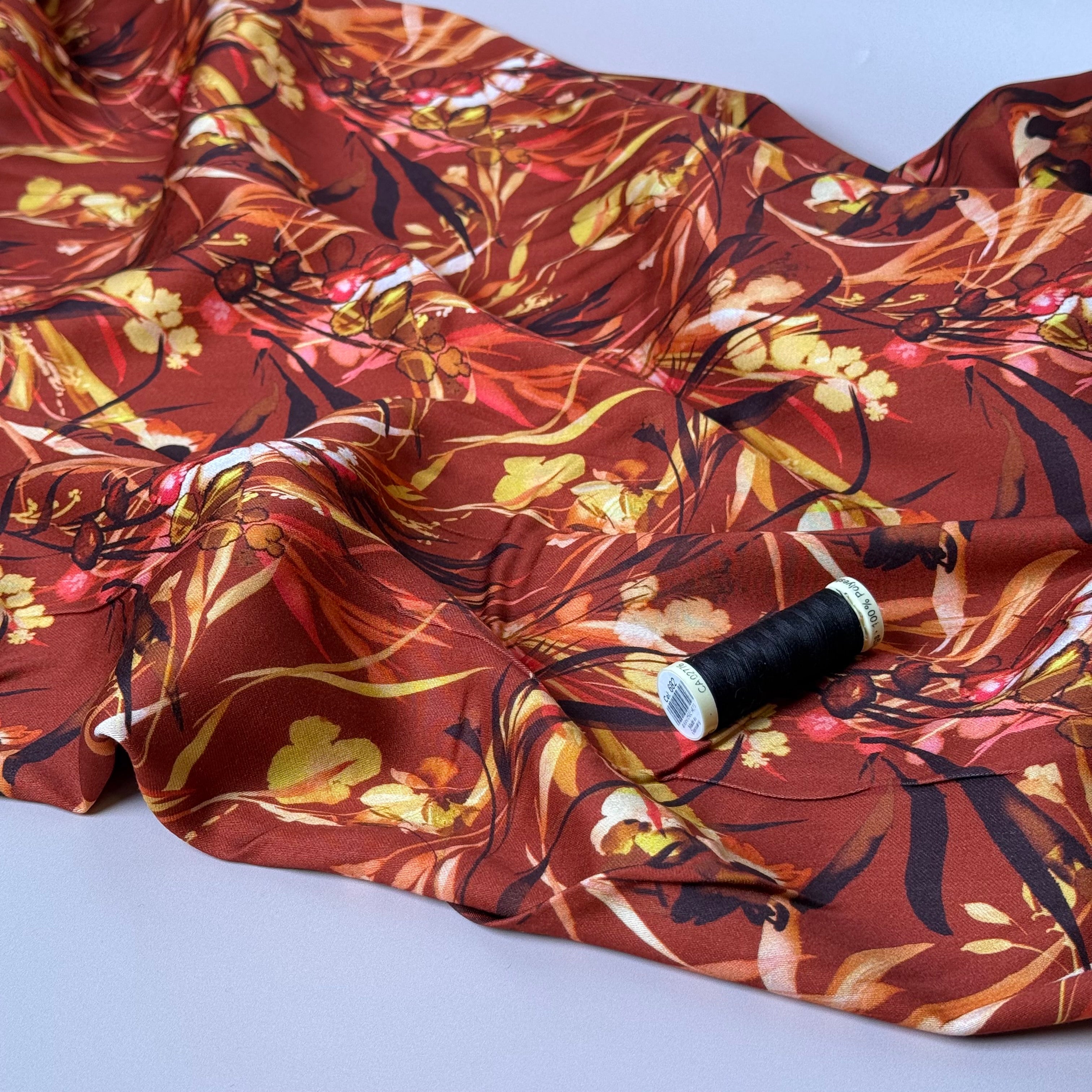 Autumn Foliage Burnt Sienna Viscose Sateen Fabric