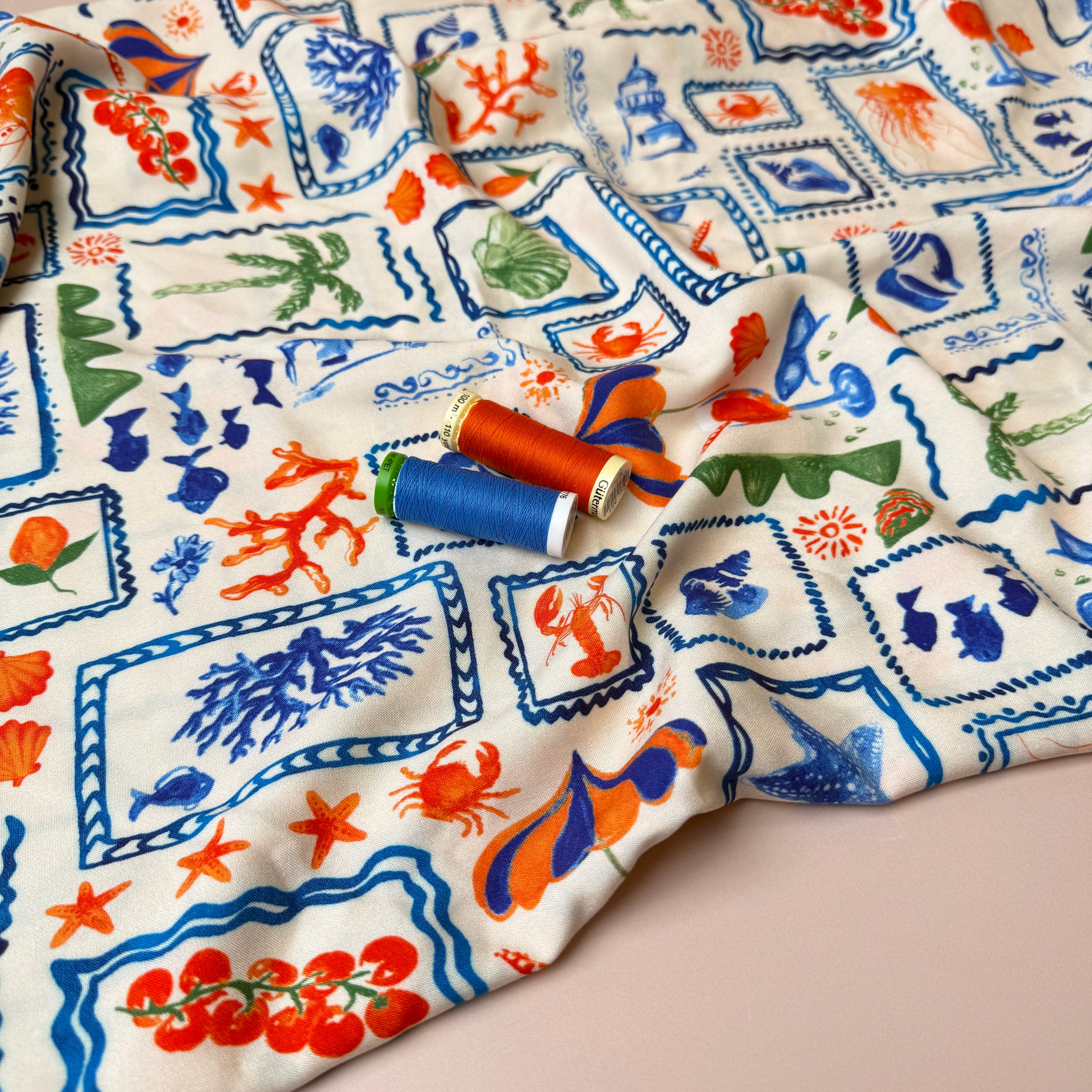PRE-ORDER (arriving by end of May) - Seaside Postcard on Warm Beige Viscose Poplin Fabric