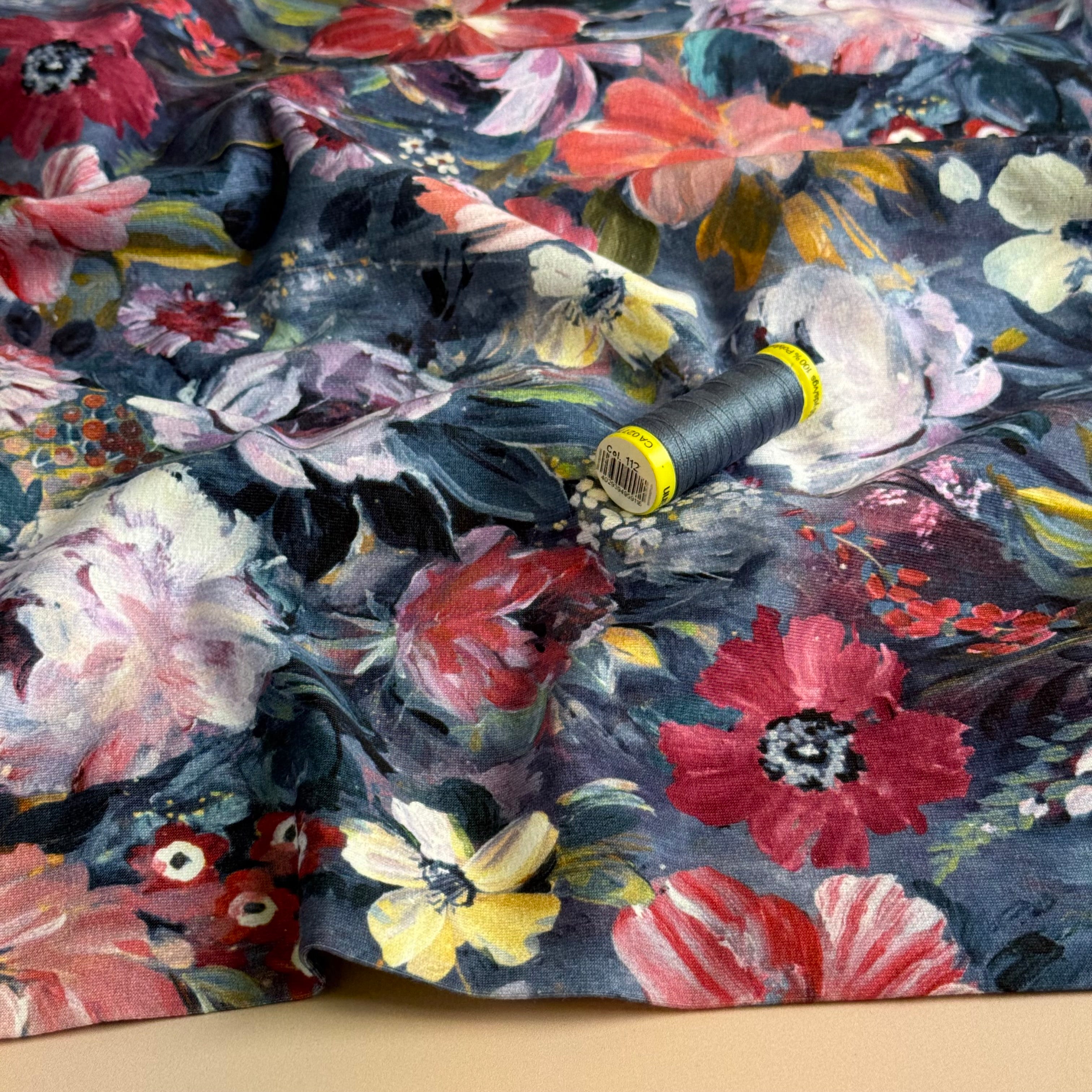 Autumn Bouquet Blue Cotton Sweat-shirting Fabric