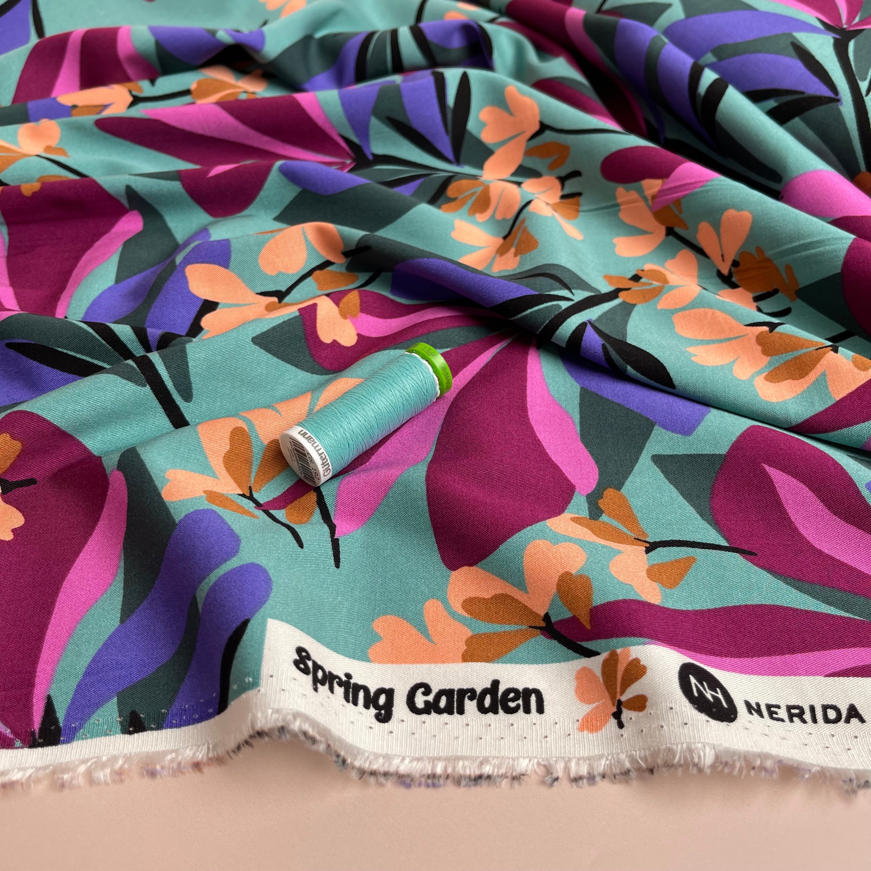 Nerida Hansen - Rosella Spring Garden on Sea Blue Stretch Viscose Twill Fabric