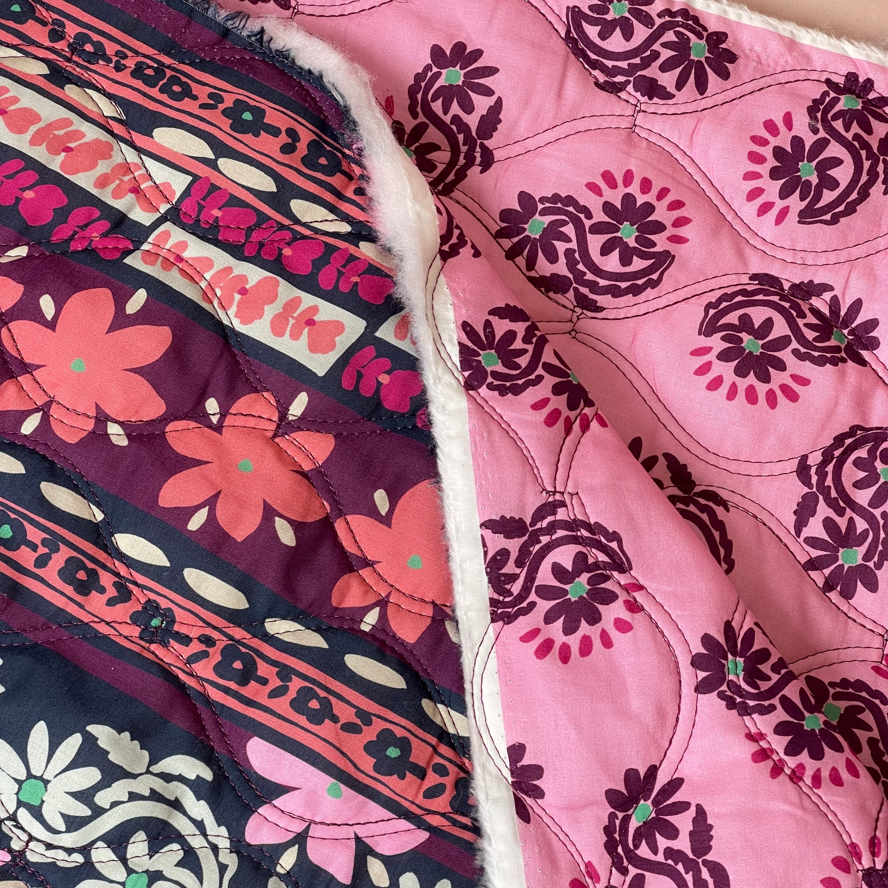 Ornamental Flowers Aubergine Quilted Cotton Fabric
