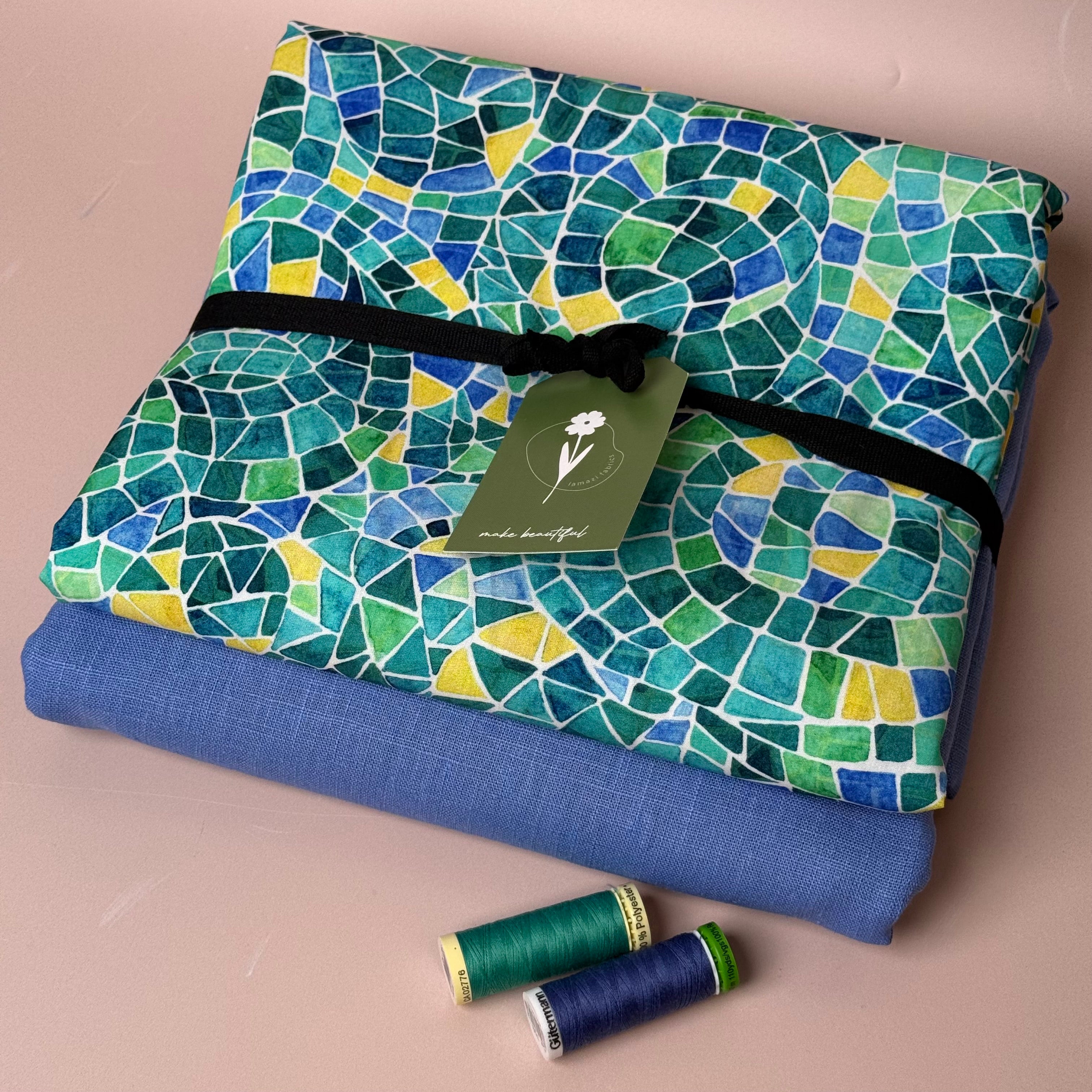 Make An Outfit Colour Bundle and Sewing Kit - Regalia Blouse in Emerald Mosaics and Spring Trousers in Sky Haze Linen