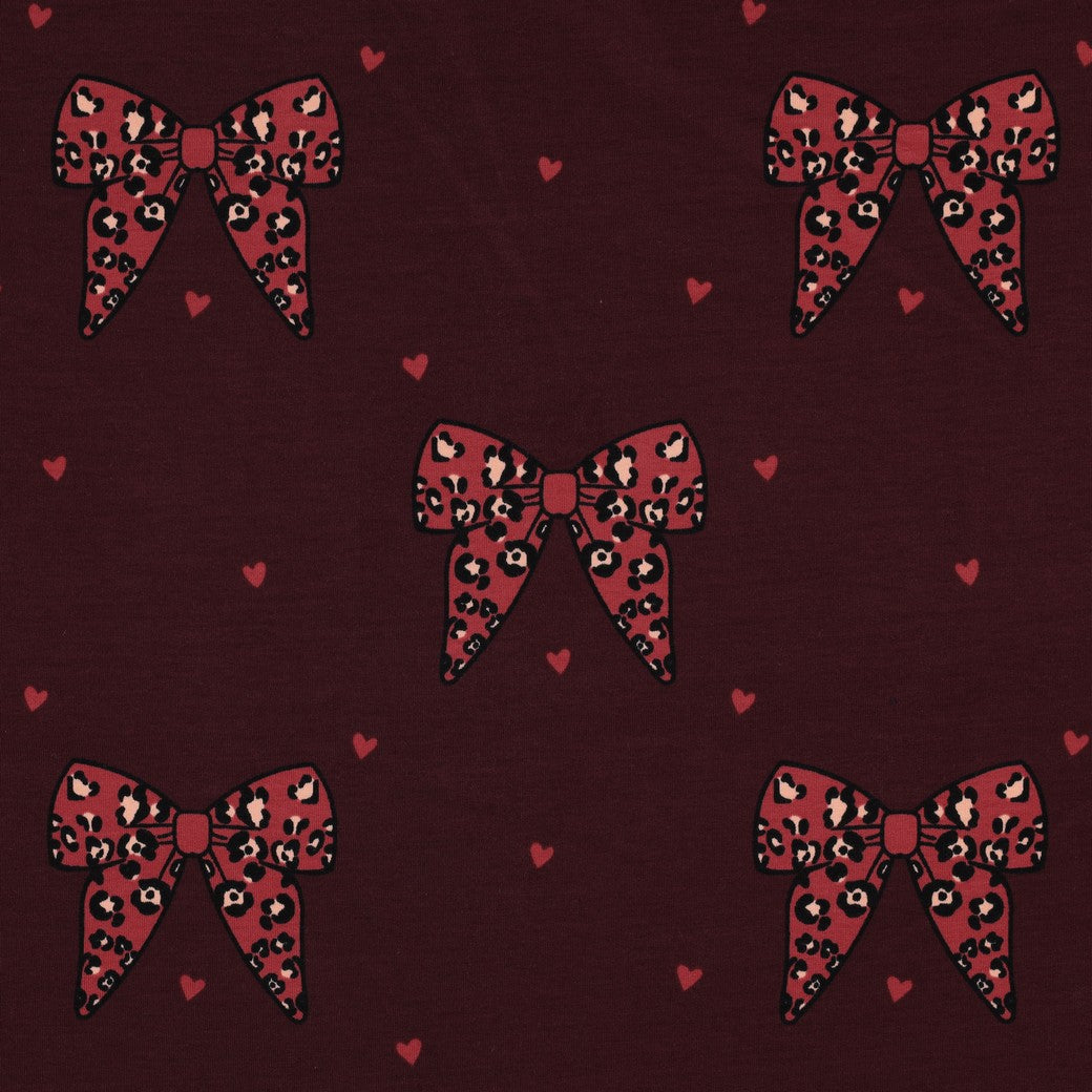 Animal Print Bows & Hearts Burgundy Cotton French Terry Fabric