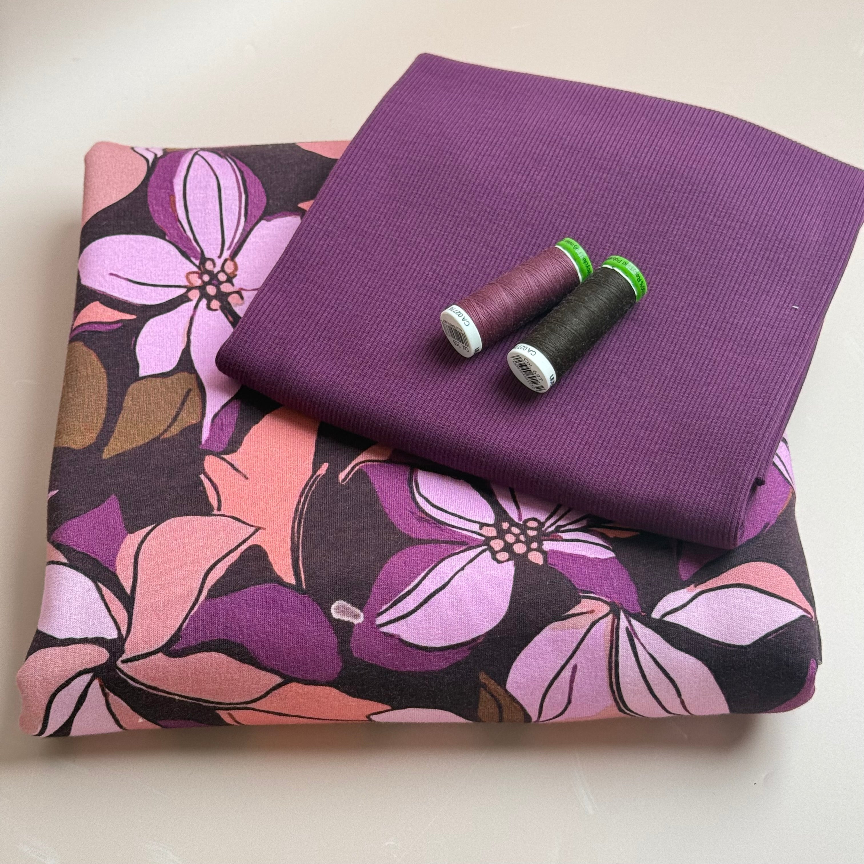 Colour Bundles - Lilies Bordeaux Cotton Sweatshirting & Matching Ribbing