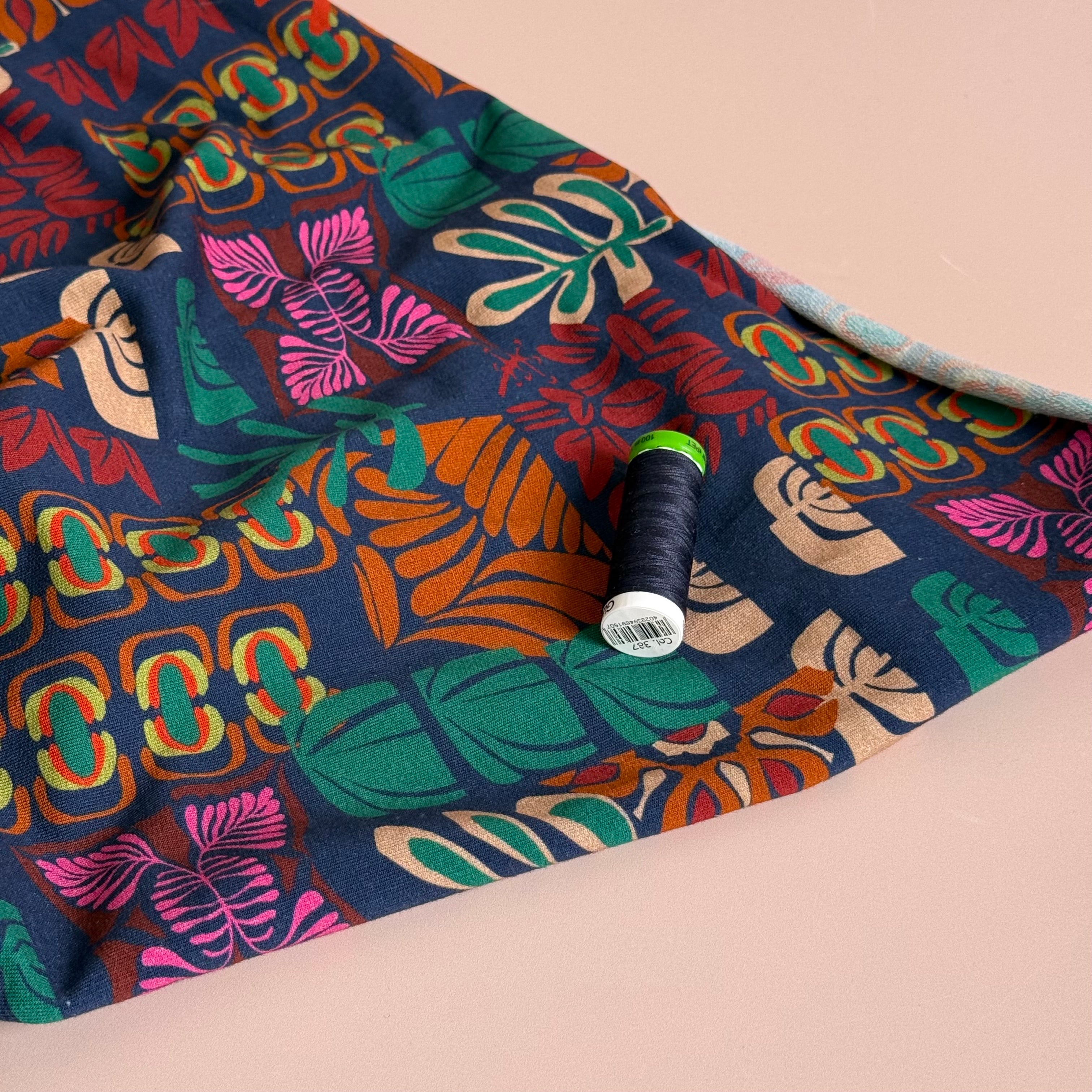 Autumn Shapes on Navy Cotton French Terry Fabricn