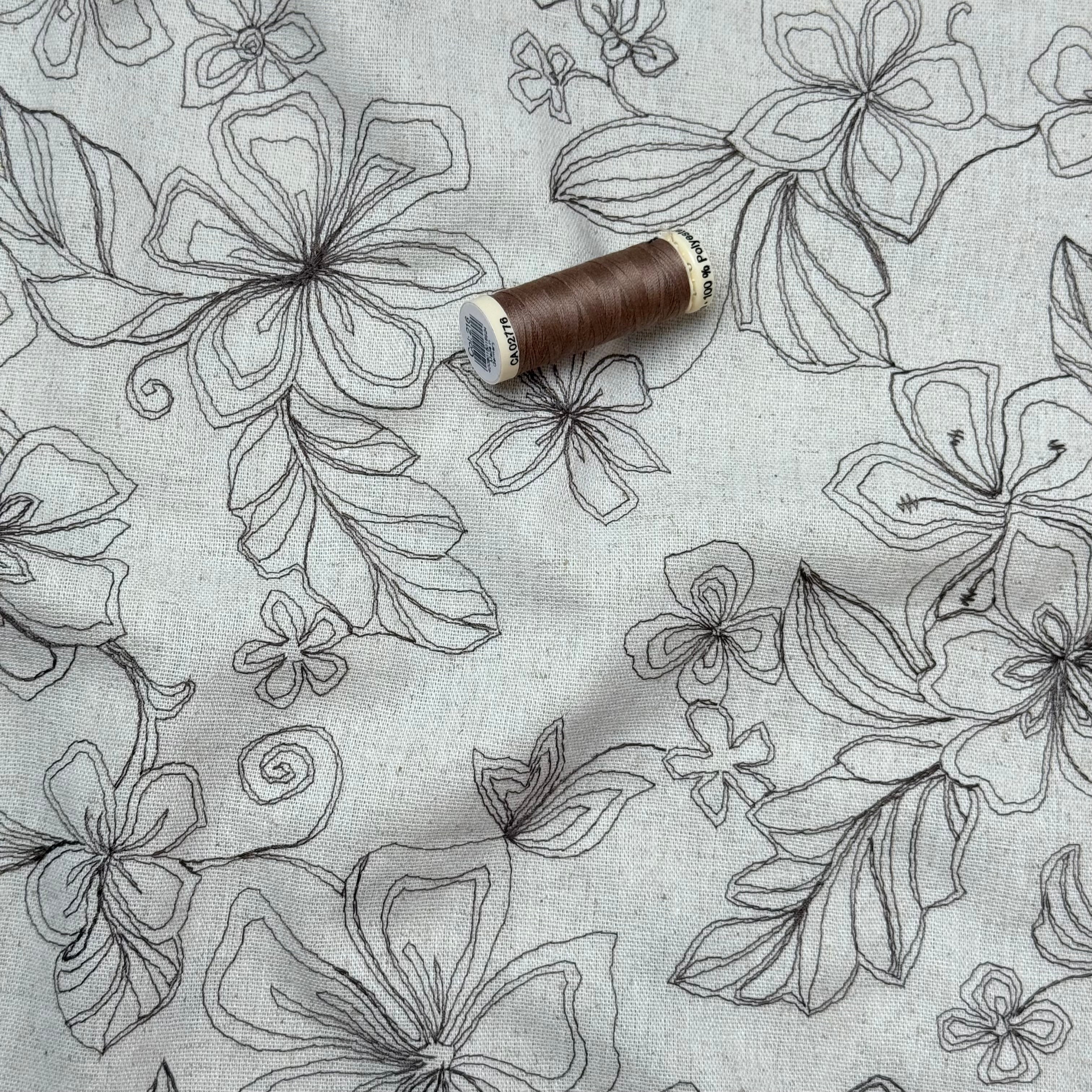 Embroidered Brown Flowers on Natural Viscose Linen Blend Fabric