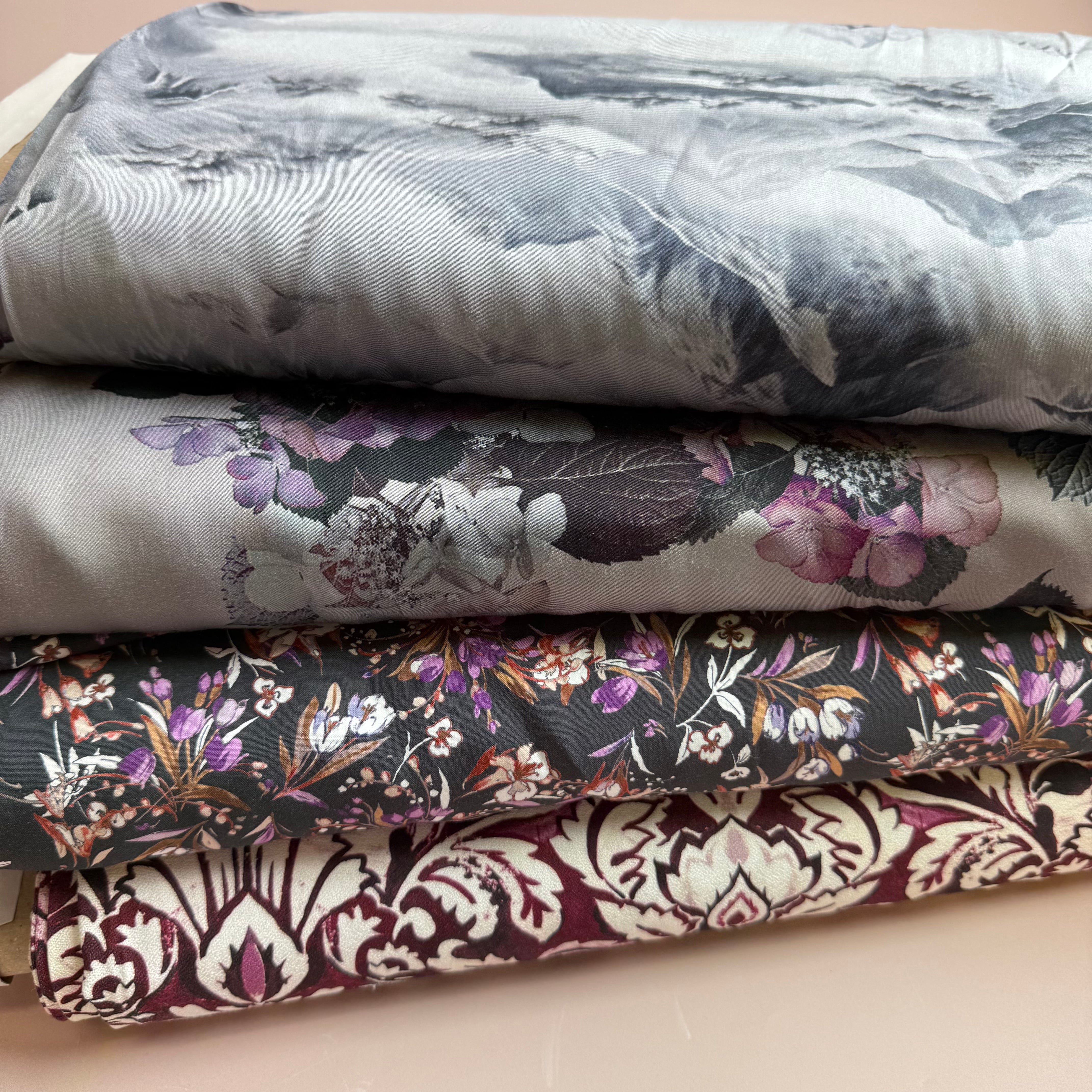 Purple Bouquet on Dark Grey Viscose Poplin Fabric