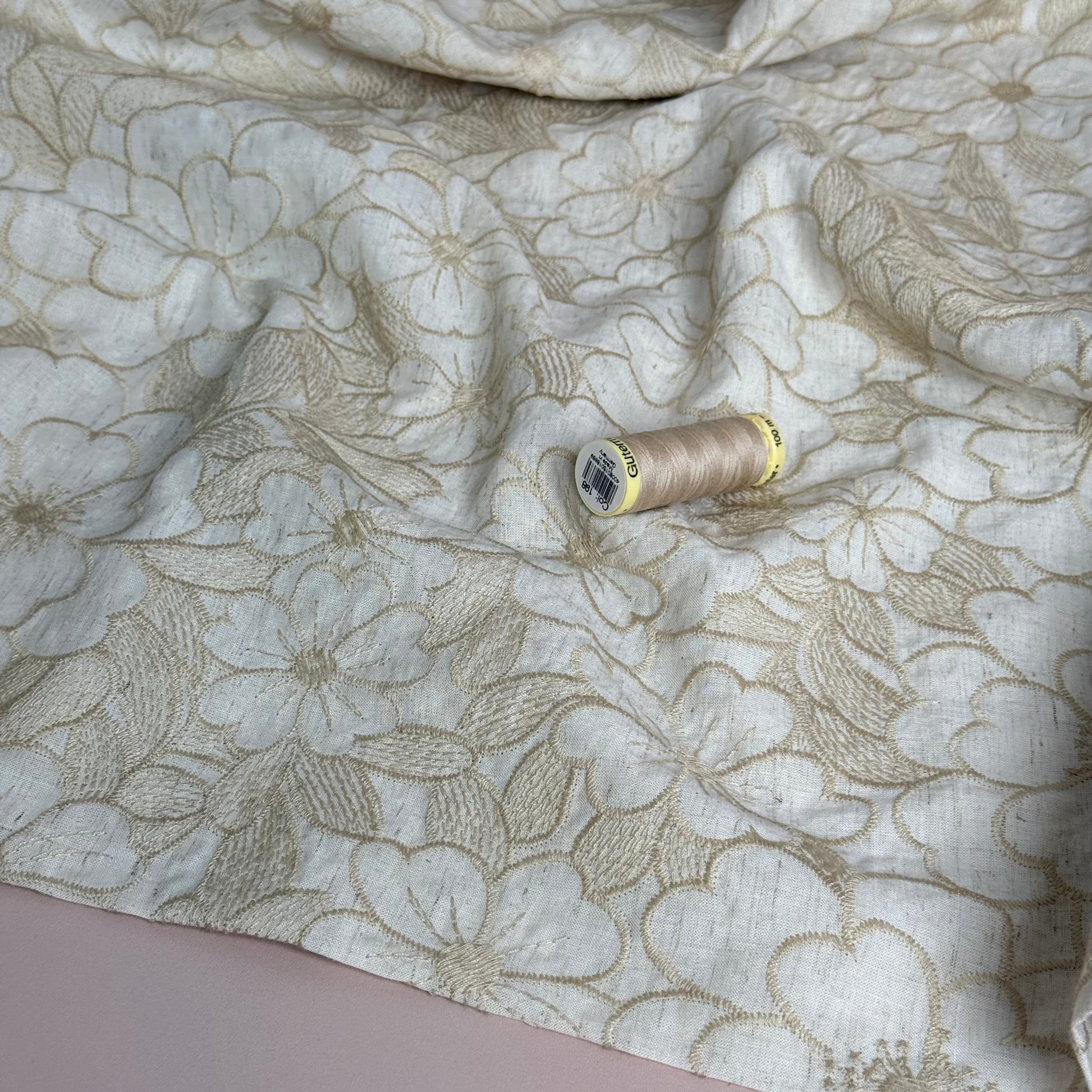 PRE-ORDER (arriving by end of May) Embroidered Flowers on Natural Cotton Fabric
