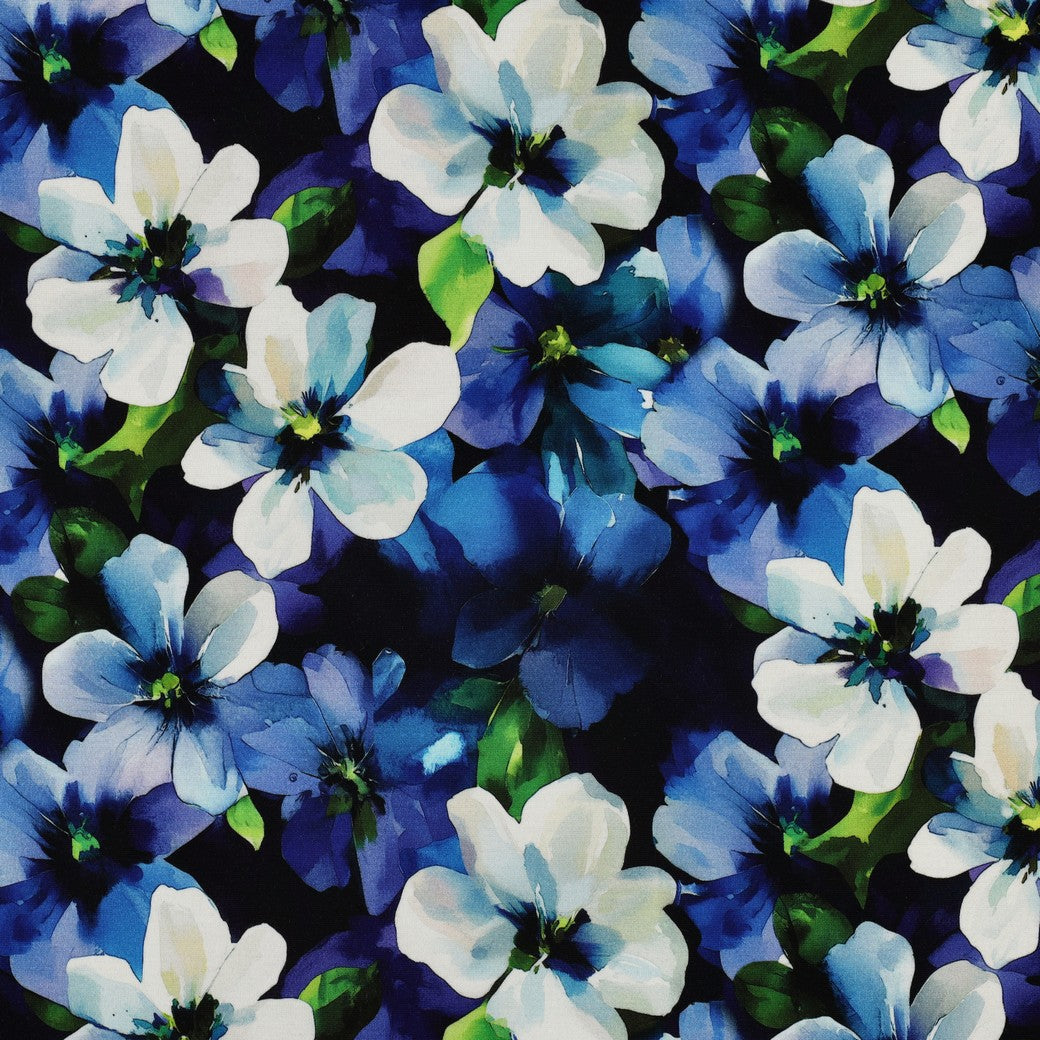 Cobalt Flowers on Black Light Viscose Ponte Roma Fabric