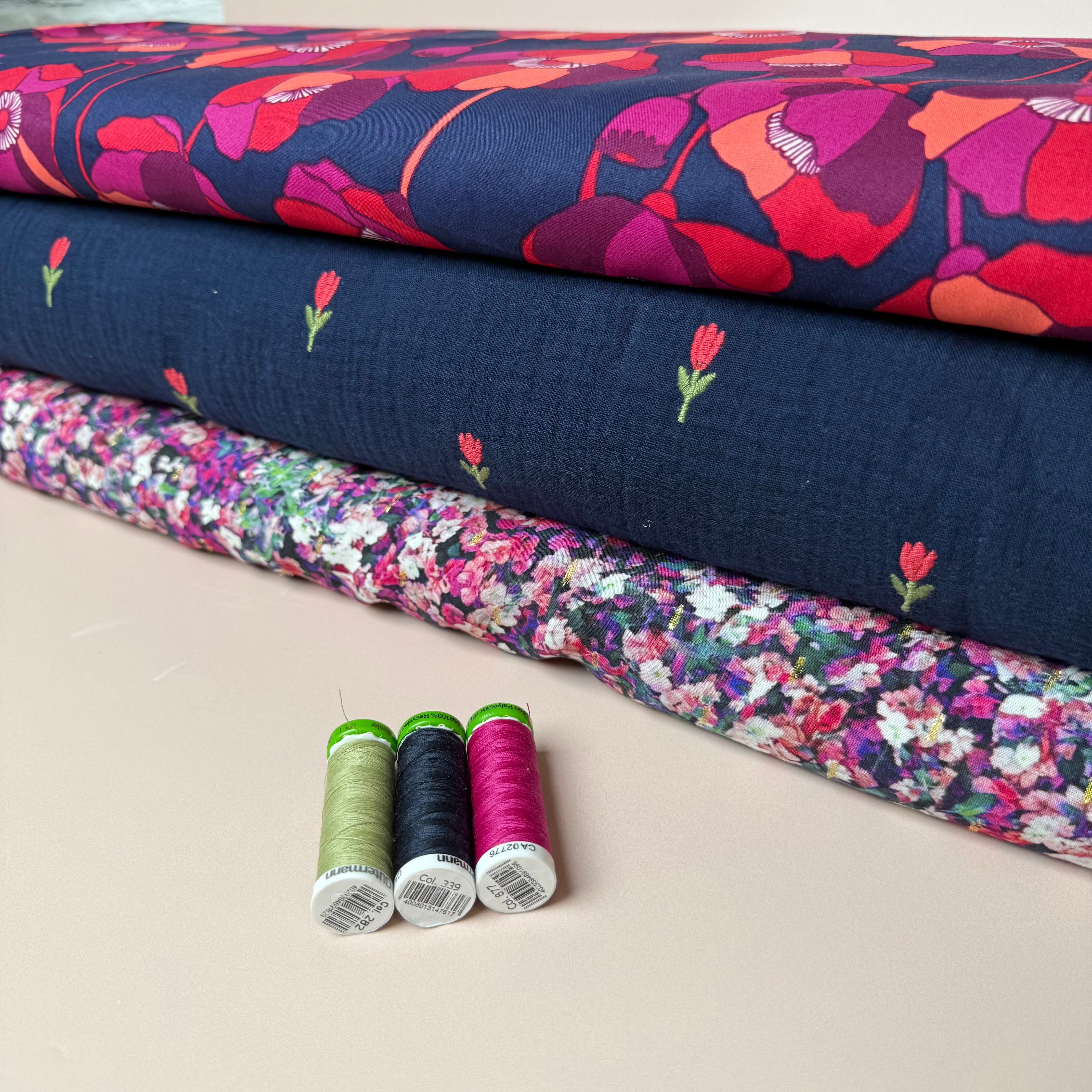 Embroidered Tulips on Navy Cotton Double Gauze