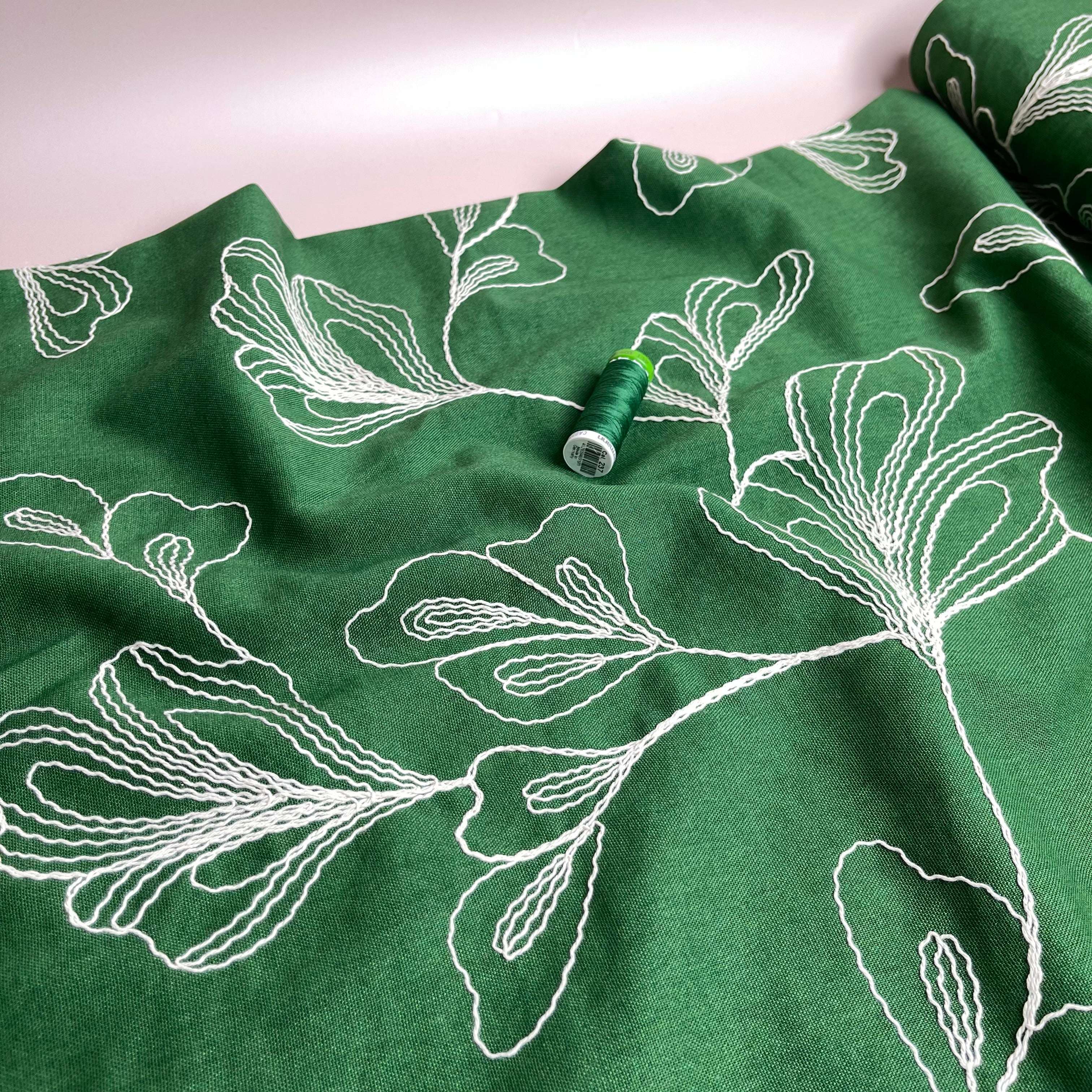 Embroidered Foliage Linen Viscose Blend Fabric in Green