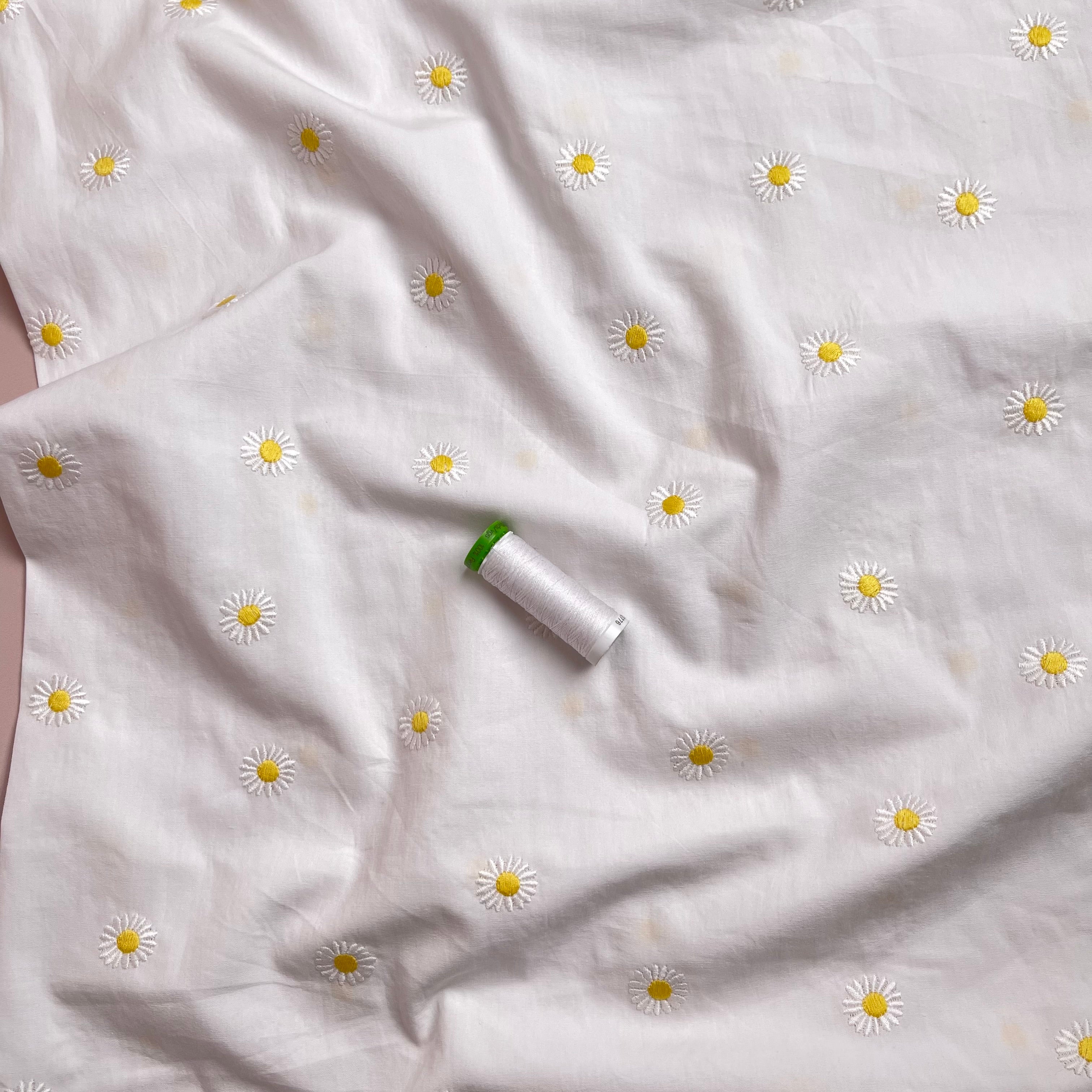 Embroidered Daisies on White Cotton Poplin