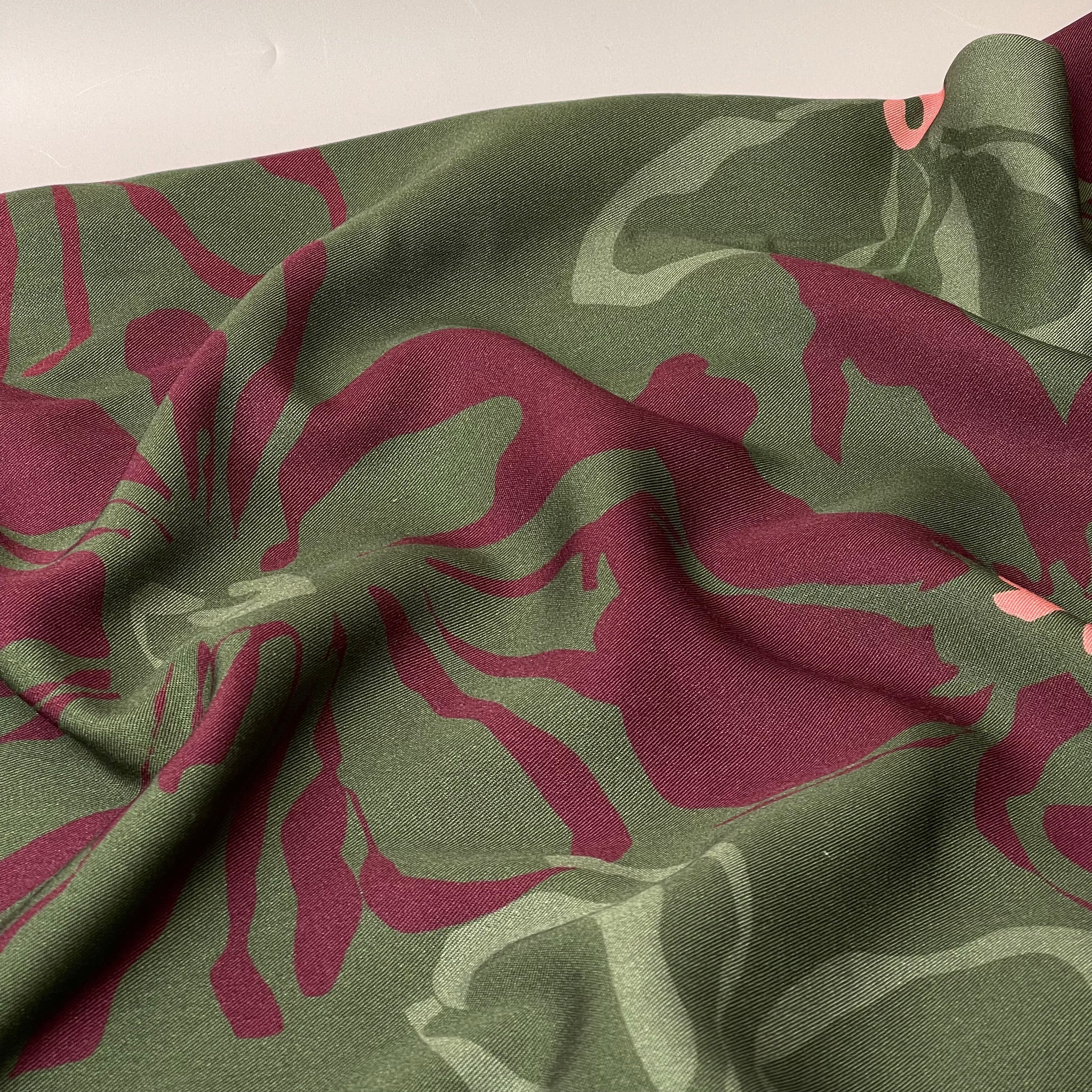 Light & Lush - Burgundy Flowers on Khaki Viscose Twill Fabric
