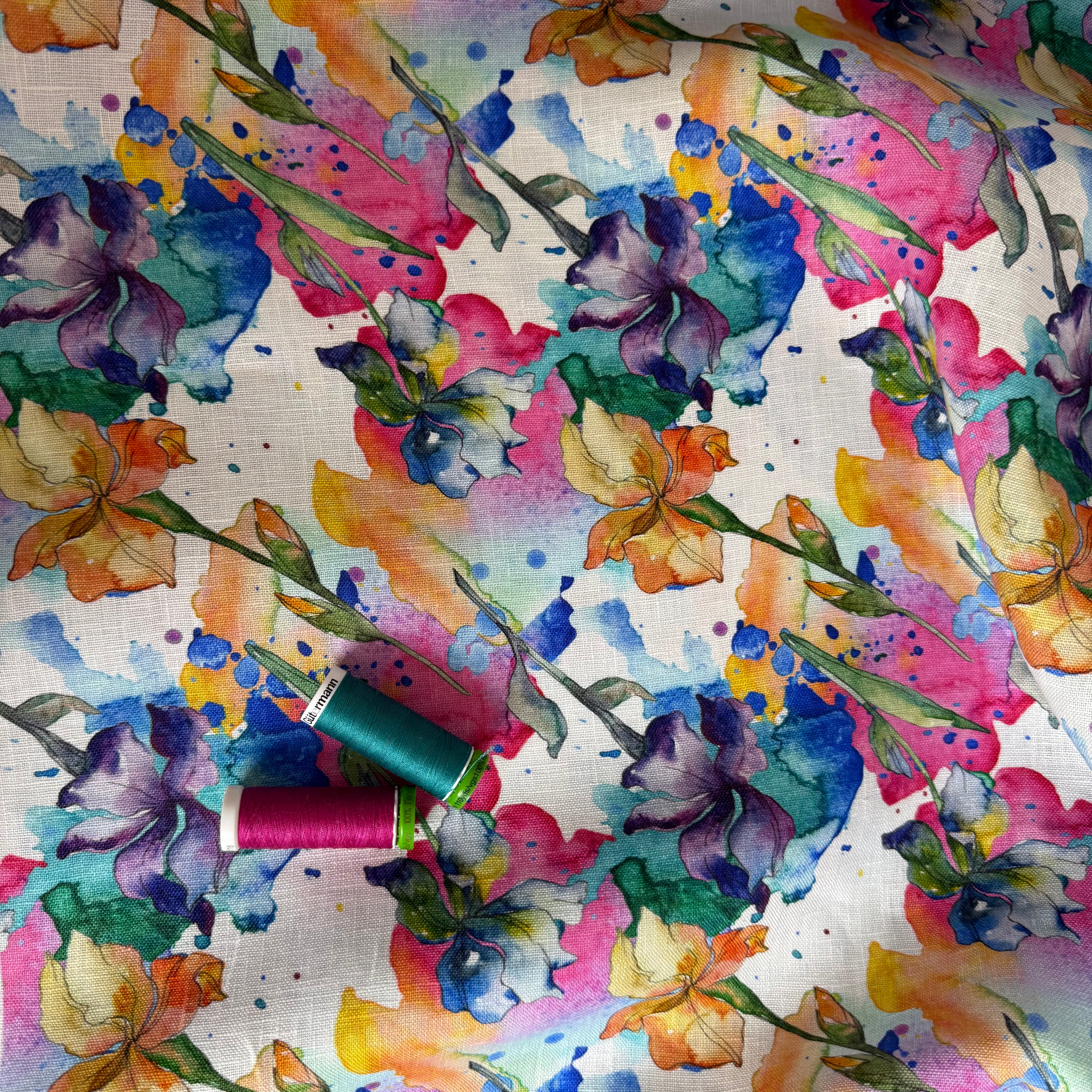 Watercolour Flowers Pure Linen Fabric