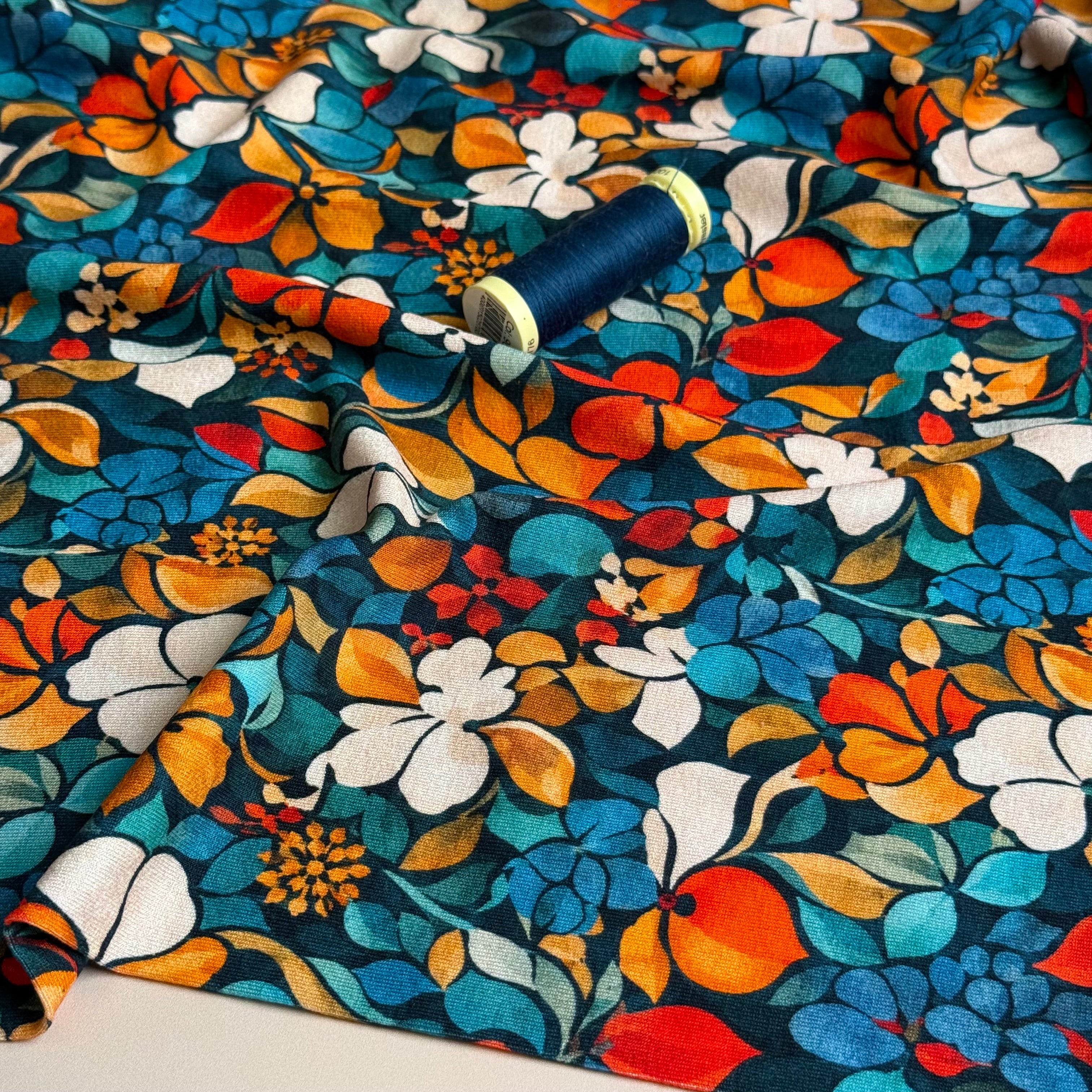 Autumn Flower Petals Petrol Viscose Jersey Fabric
