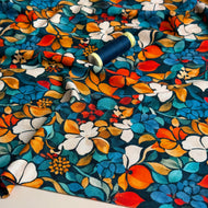 Autumn Flower Petals Petrol Viscose Jersey Fabric