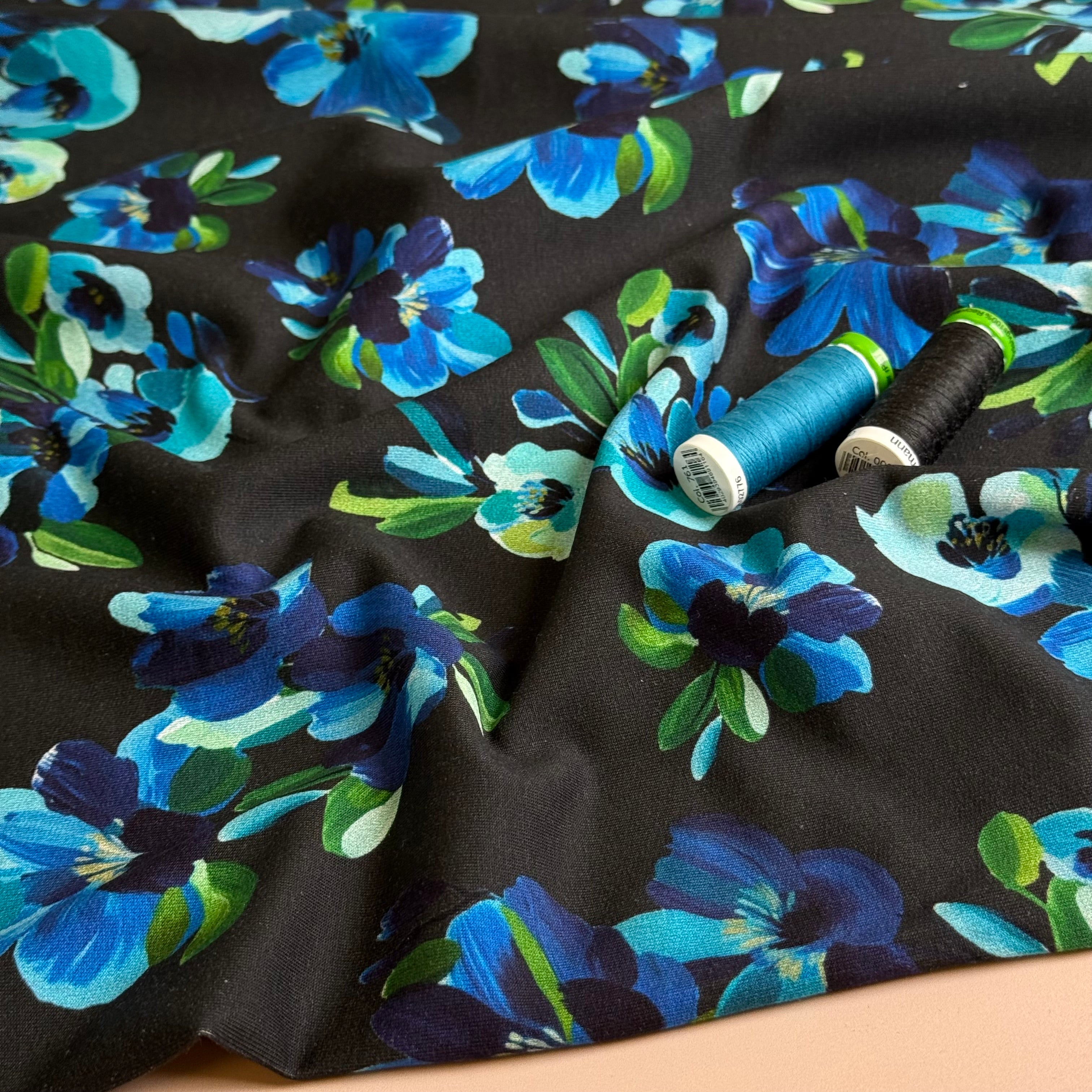Painted Petals Black Cotton French Terry Fabric