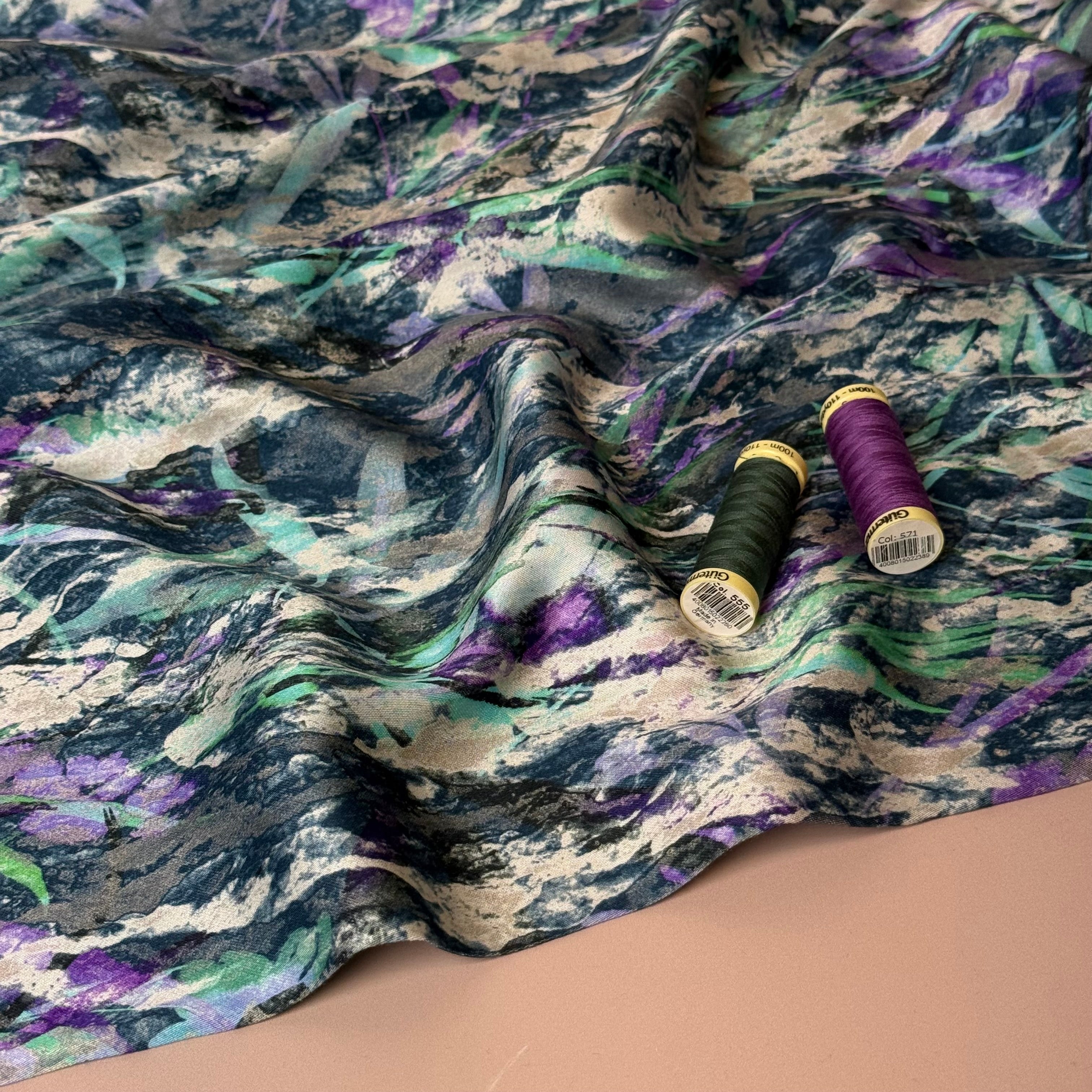 Autumn Foliage River Blue Viscose Sateen Fabric